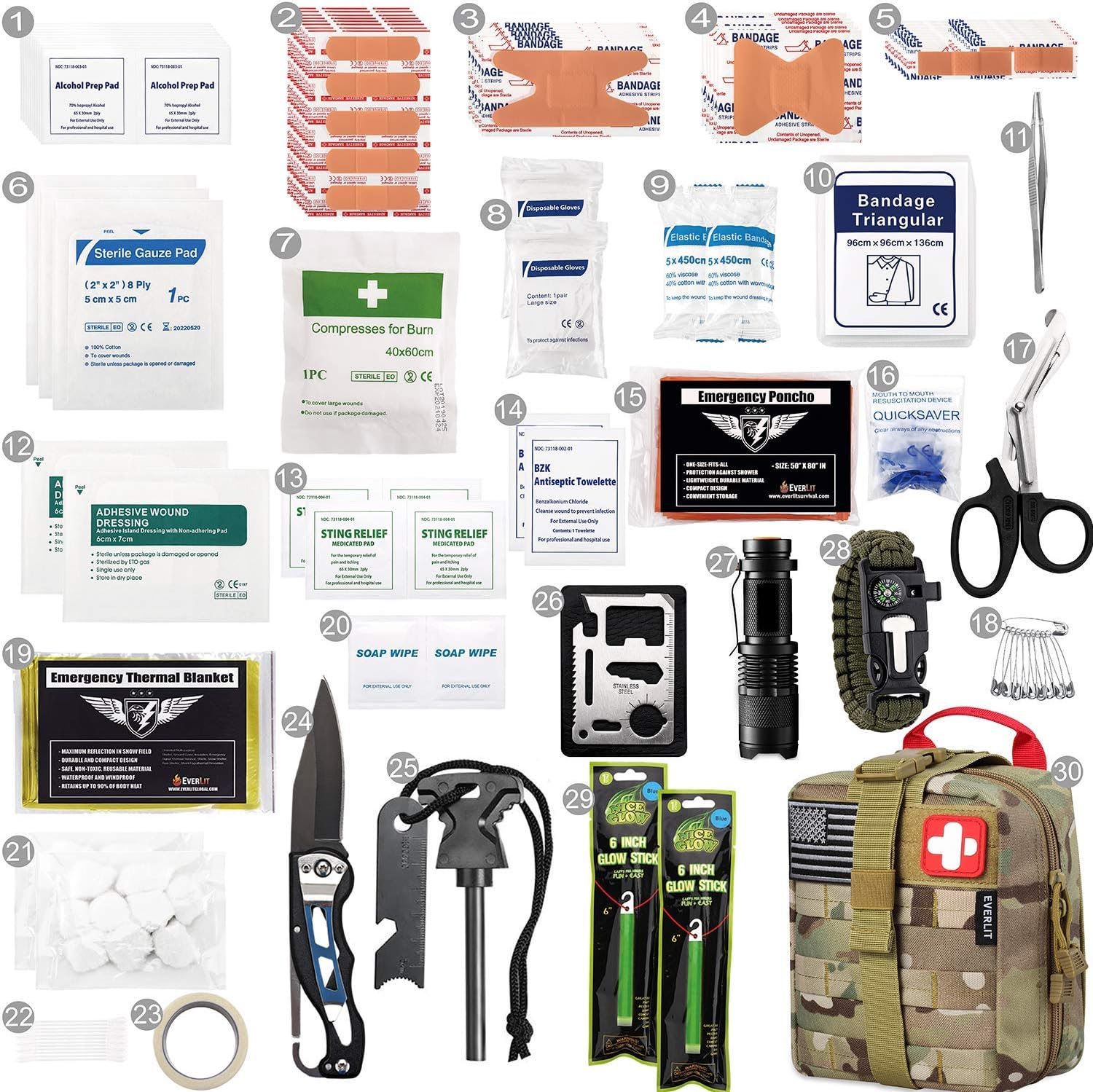 EVERLIT 250 Pcs Survival First Aid Kit | IFAK Outdoor Survival Kit Emergency Kit For Camping Hiking Hunting Earthquake Emergency Preparedness