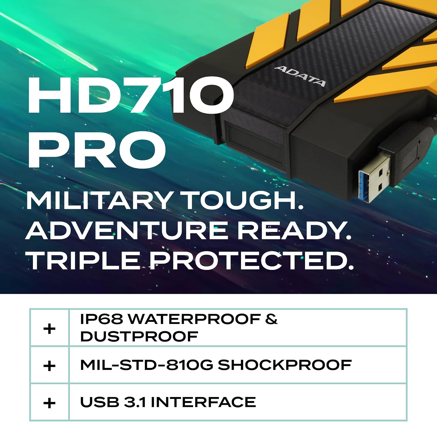 ADATA HD710 Pro - 4 TB External Hard Drive - Shockproof, Waterproof & Dustproof - Durable Storage - For Gamers, Students & Professionals - Mac, PC & Linux Compatible - Black - AHD710P-1TU31-CBK