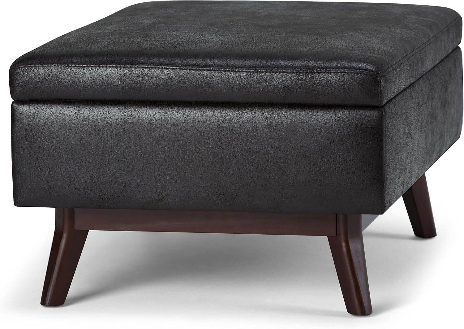 SIMPLIHOME Owen 34" Wide Vegan Leather Lift Top Ottoman in Dark Blue