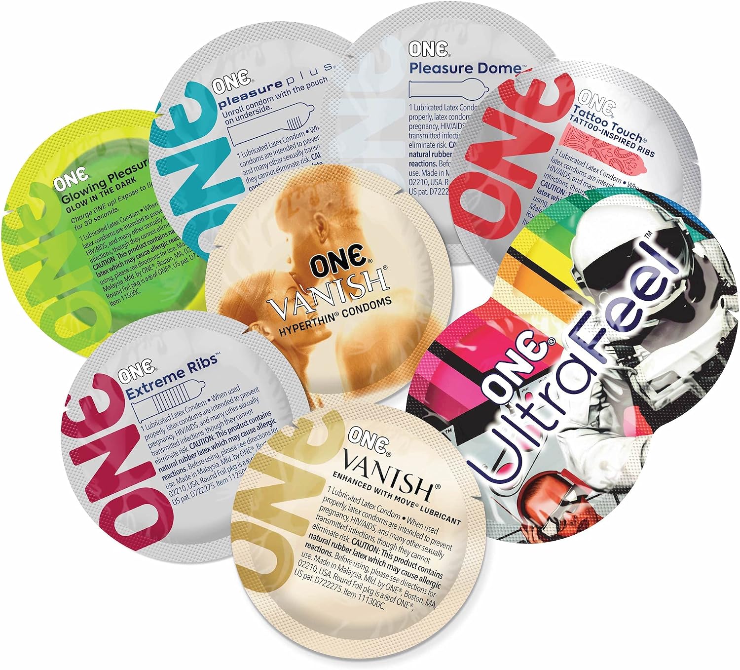 ONE® Premium Pleasures™ Condoms | 6 Pleasure-Enhancing Styles | Variety Pack | Ultra Thin Latex Condoms | Extra Lubricated | Triple Tested