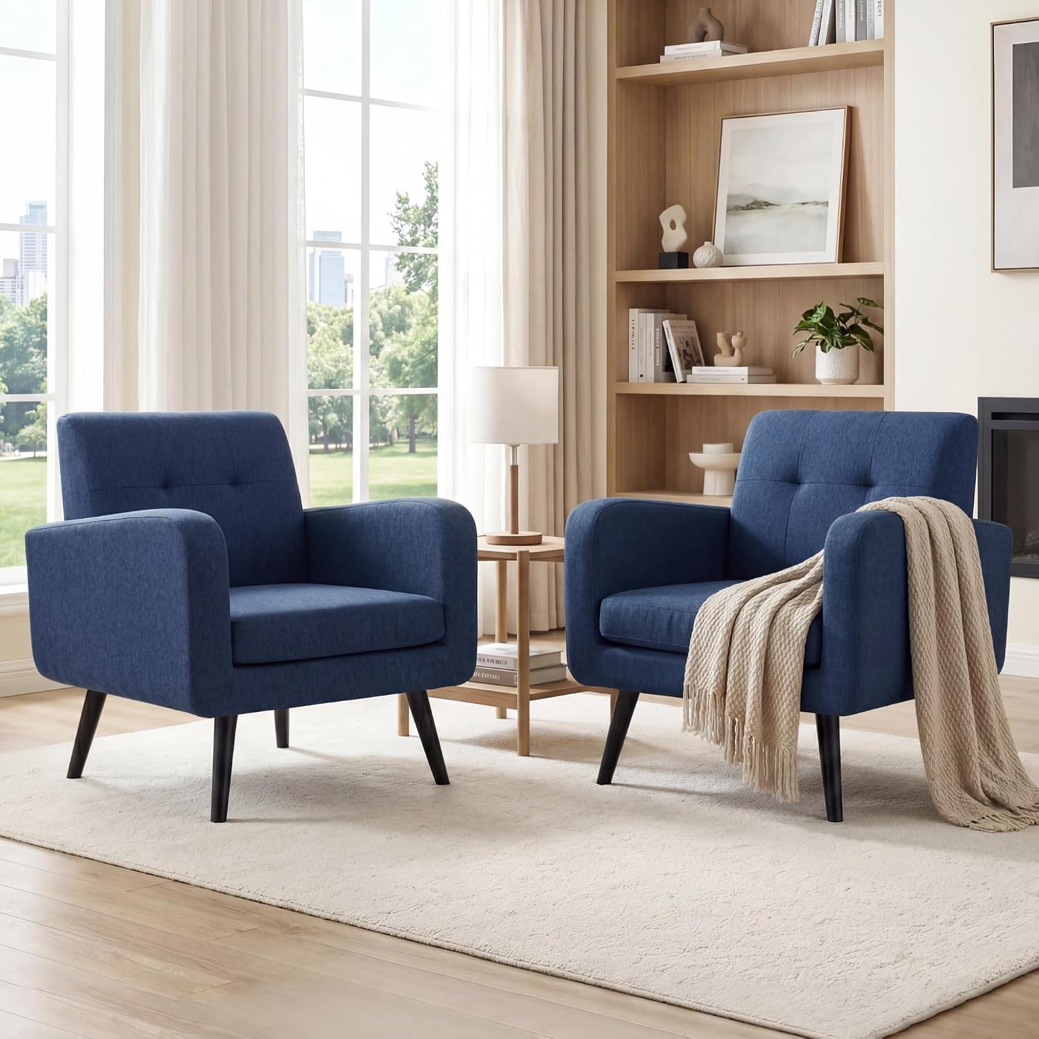 LSSPAID Modern Accent Chairs, Upholstered Fabric Cozy Armchairs, Living Room Side Chair with Solid Wood Legs, Blue
