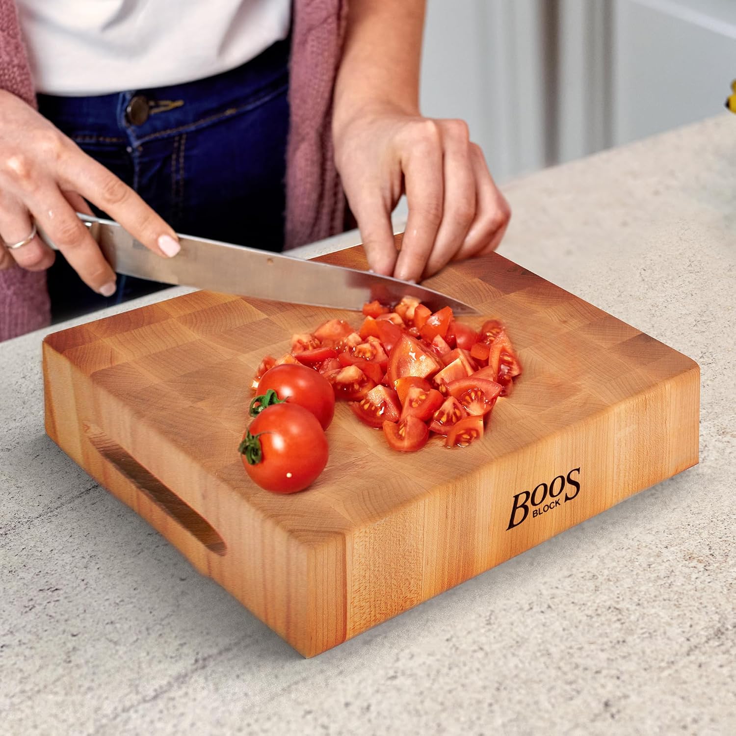 John Boos CCB Series Square Wooden Maple Cutting Board 12”x12” – 3” Thick, 13-lb Reversible Butcher Block with End-Grain & Finger Grips – Made in the USA
