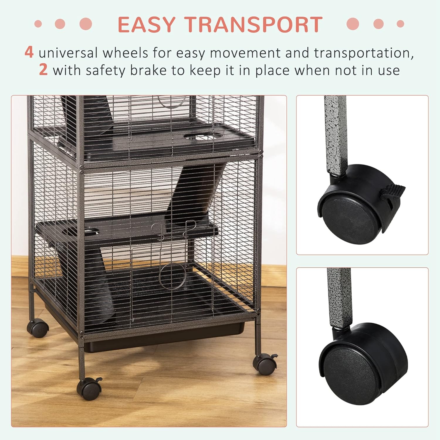 PawHut Metal Small Animal Cage, 4-Tiers Rolling Big Ferret Cage, Gray
