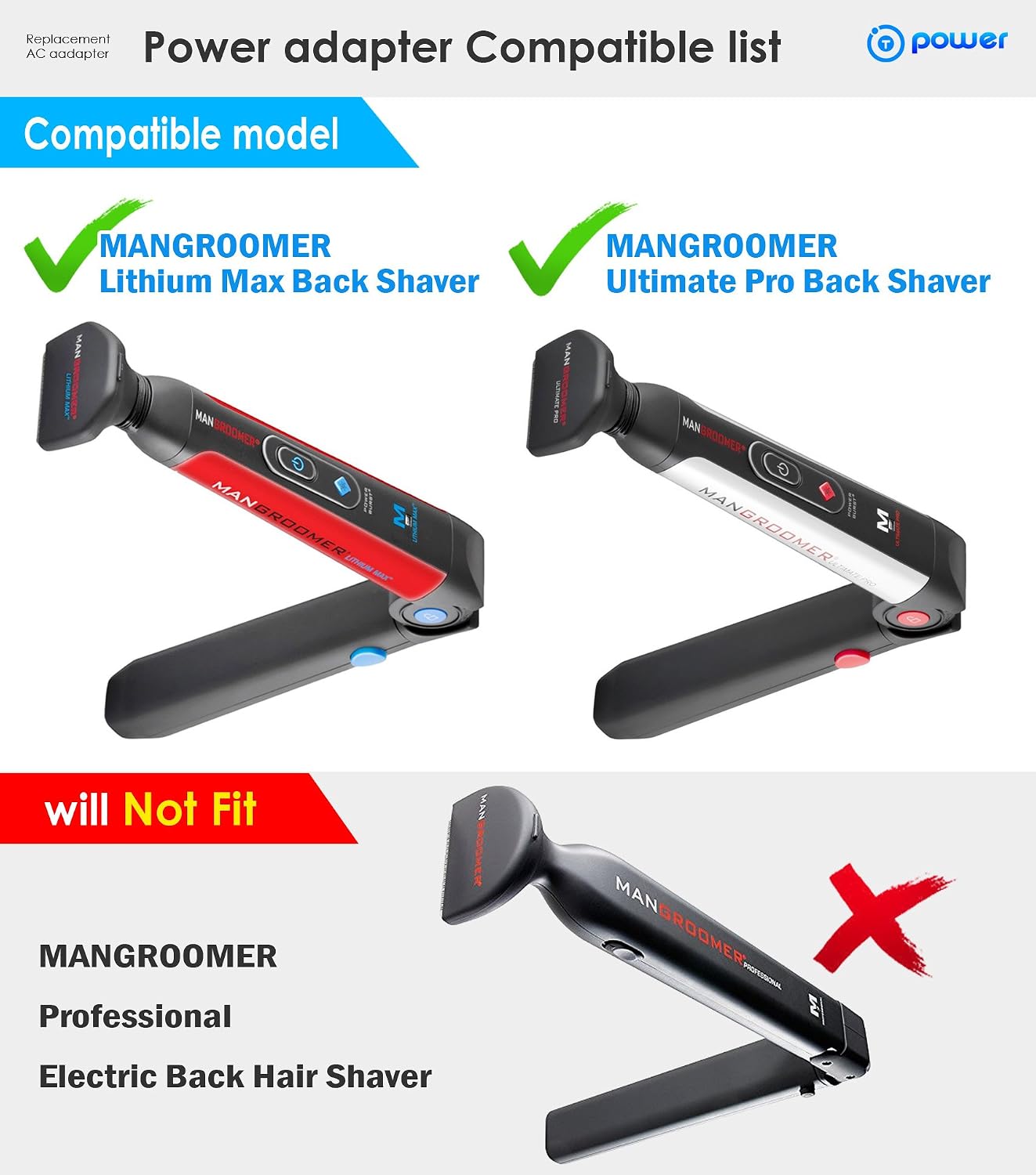 T POWER Charger for Mangroomer Lithium Max Back Shaver & Ultimate PRO Back Shaver with 2 Shock Absorber Flex Heads, Power Hinge