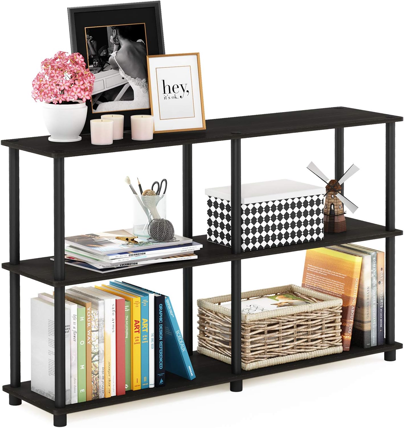 Furinno TURN-N-TUBE Storage Shelves, 3-Tier 47.4 Wide Book Shelf, Corner Shelf, Toolless Open Shelves, for Organization and Storage, Living Room, Garage, Home Office, Black