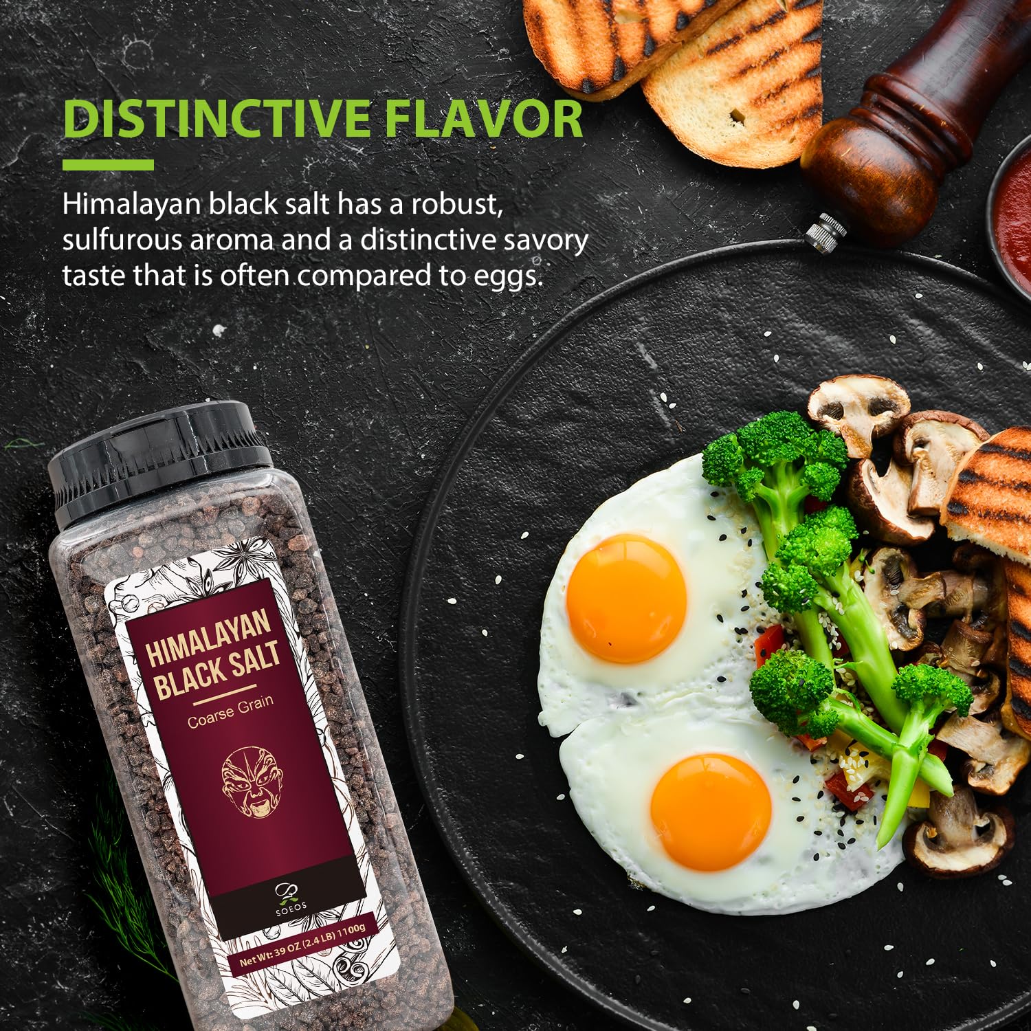 Soeos Black Salt, Coarse Grain, 2.4 LB(39 Oz), Natural Faux Egg Flavor