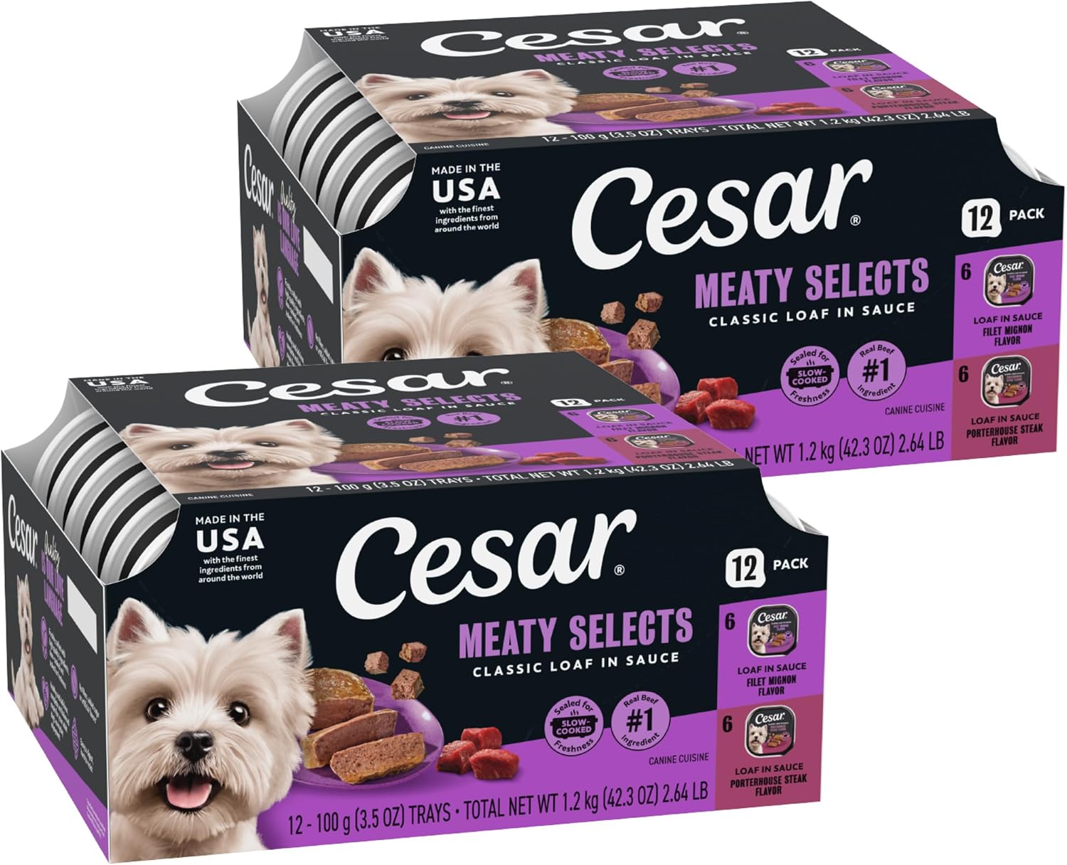 Cesar Classic Loaf Wet Dog Food, Meaty Selects, 3.5 oz, 12 Count, 2-Pack | Made in USA, Filet Mignon & Porterhouse Steak flavors, real beef #1 ingredient, no artificial flavors, easy peel trays