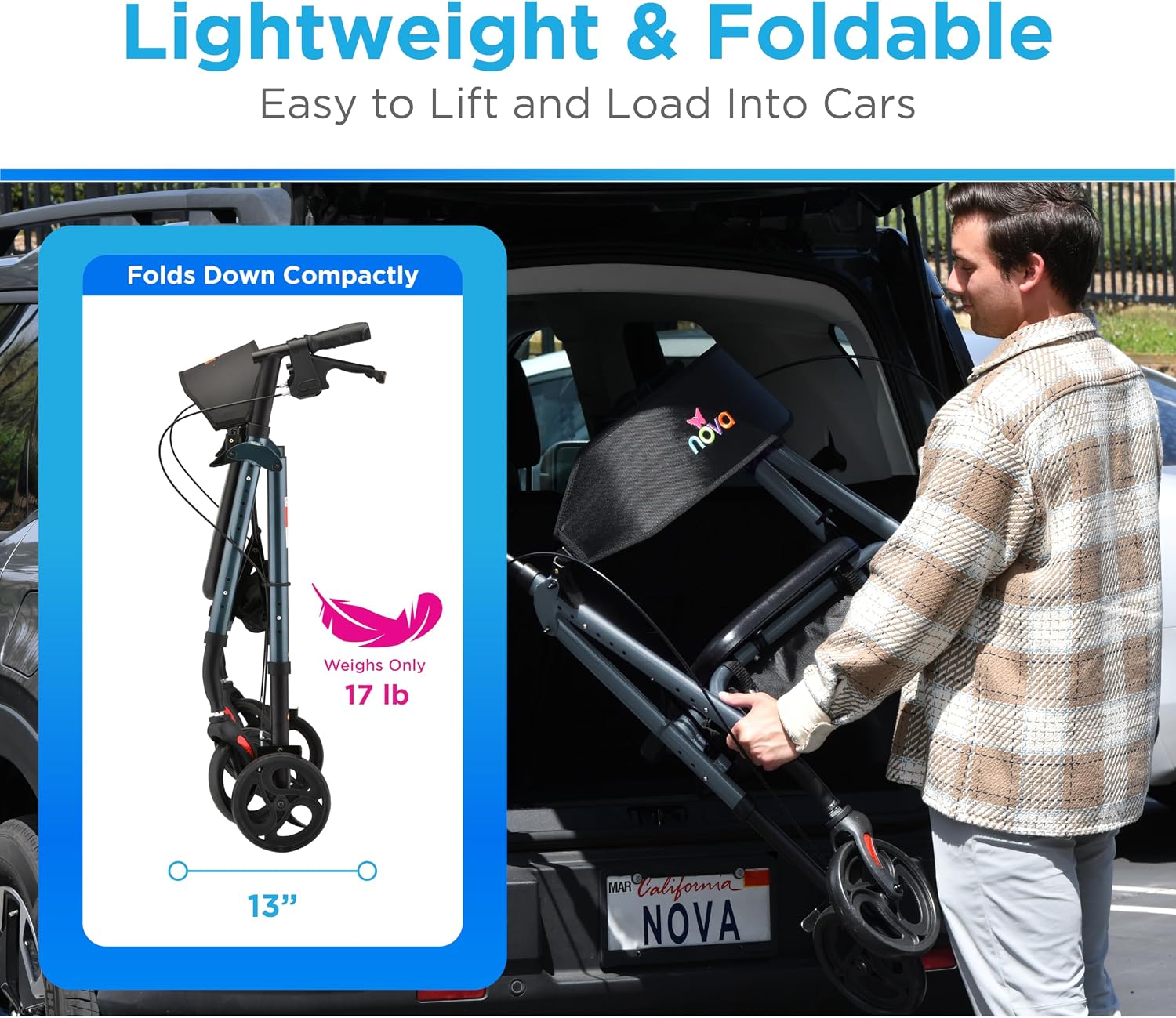 NOVA Star 8 Foldable Rollator Walker for Seniors (5'3"–6'2"), Wide Padded Backrest with Seat, 8” All-Terrain Wheels, Easy-Grip Locking Hand Brakes, Height Adjustable, Sky Blue