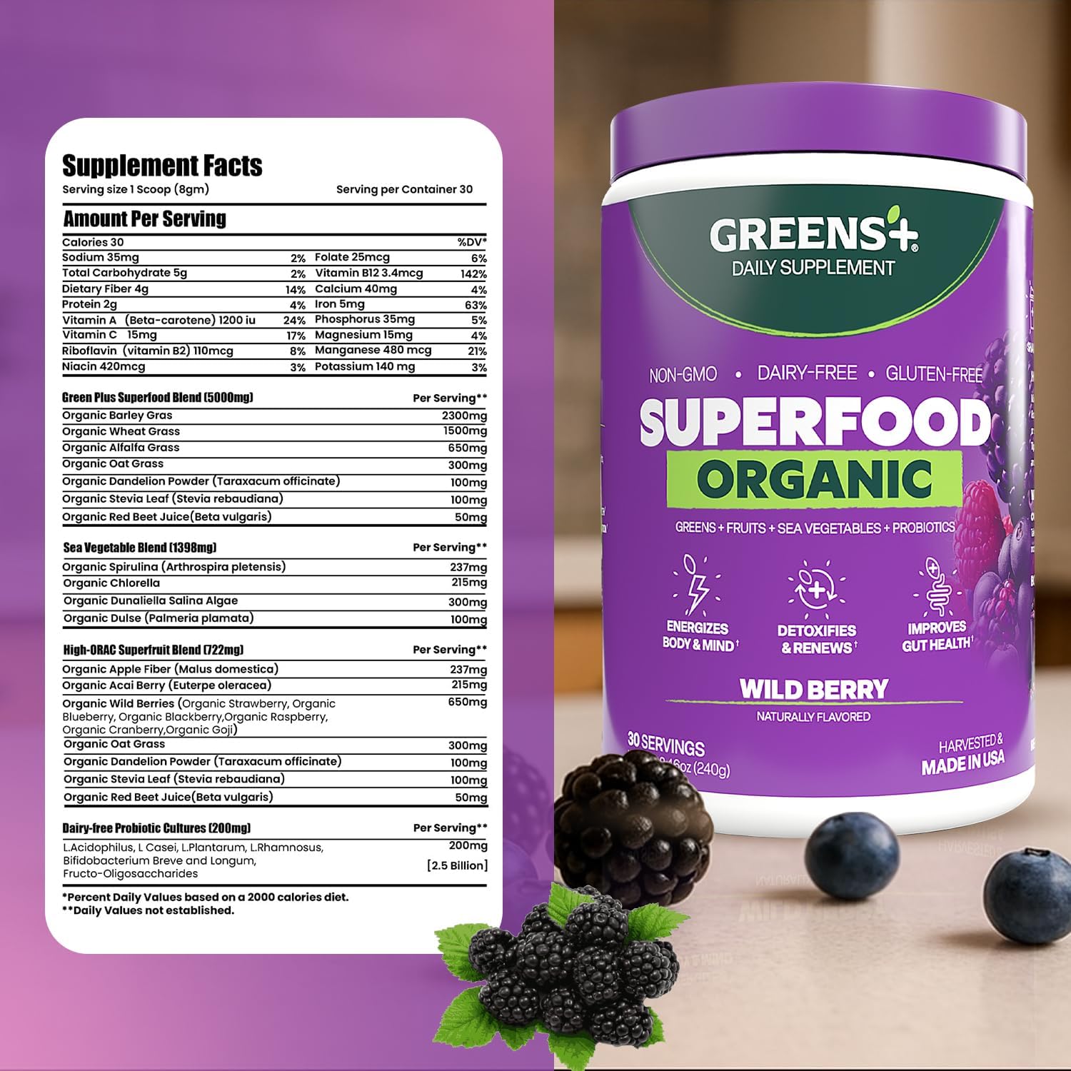 Greens+ Organic RAW Superfood Powder, Dietary Supplement | 8.46oz | Energy Boost | Super Blend Immune Support, Morning Kick, Nutrition Vibrant Health, Vegan, Soy Free | Dairy Free | Gluten Free