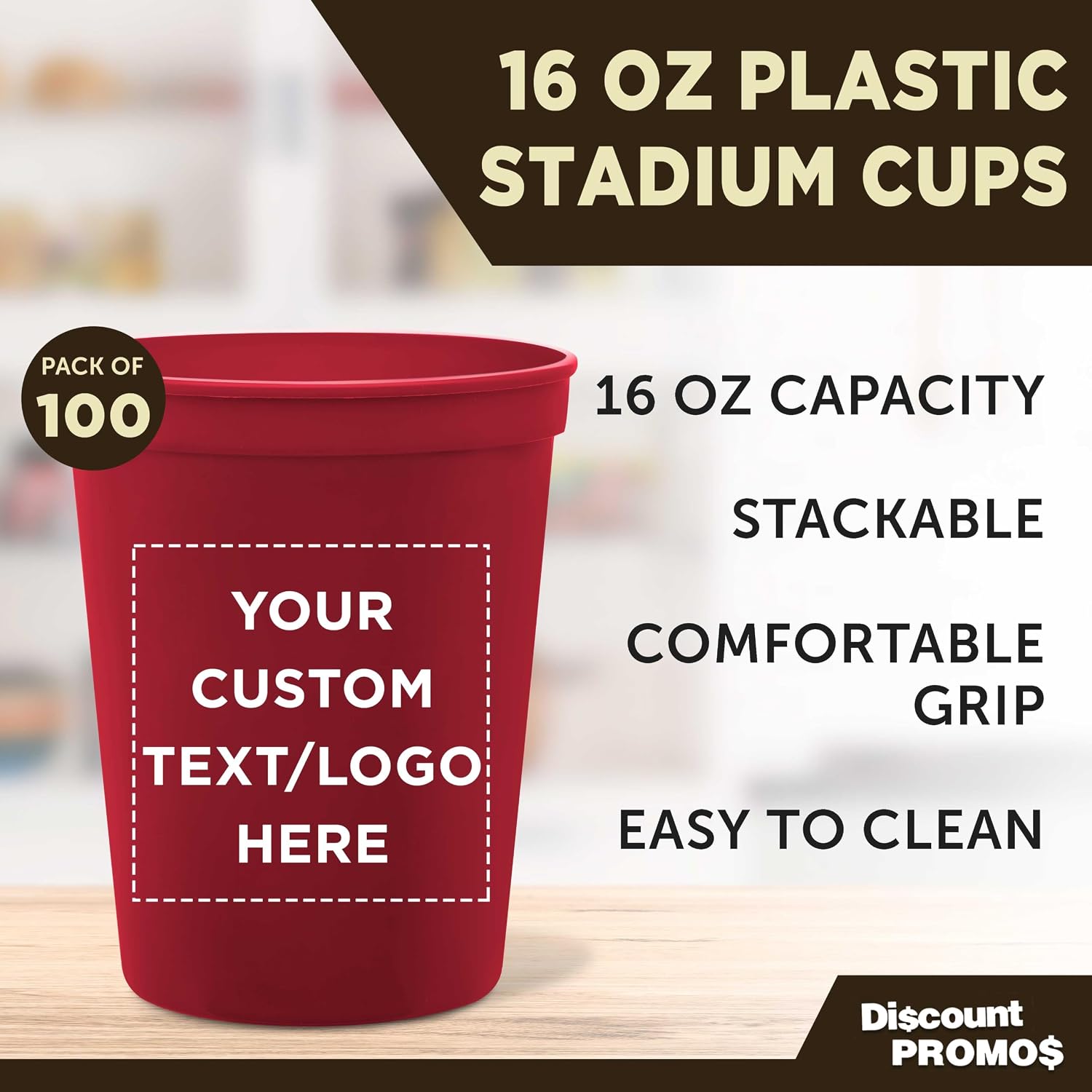 DISCOUNT PROMOS Custom Plastic Stadium Cups 16 oz. Set of 10/50/100, Personalized Bulk Pack - Perfect for Birthdays, Weddings, Picnic, Beach