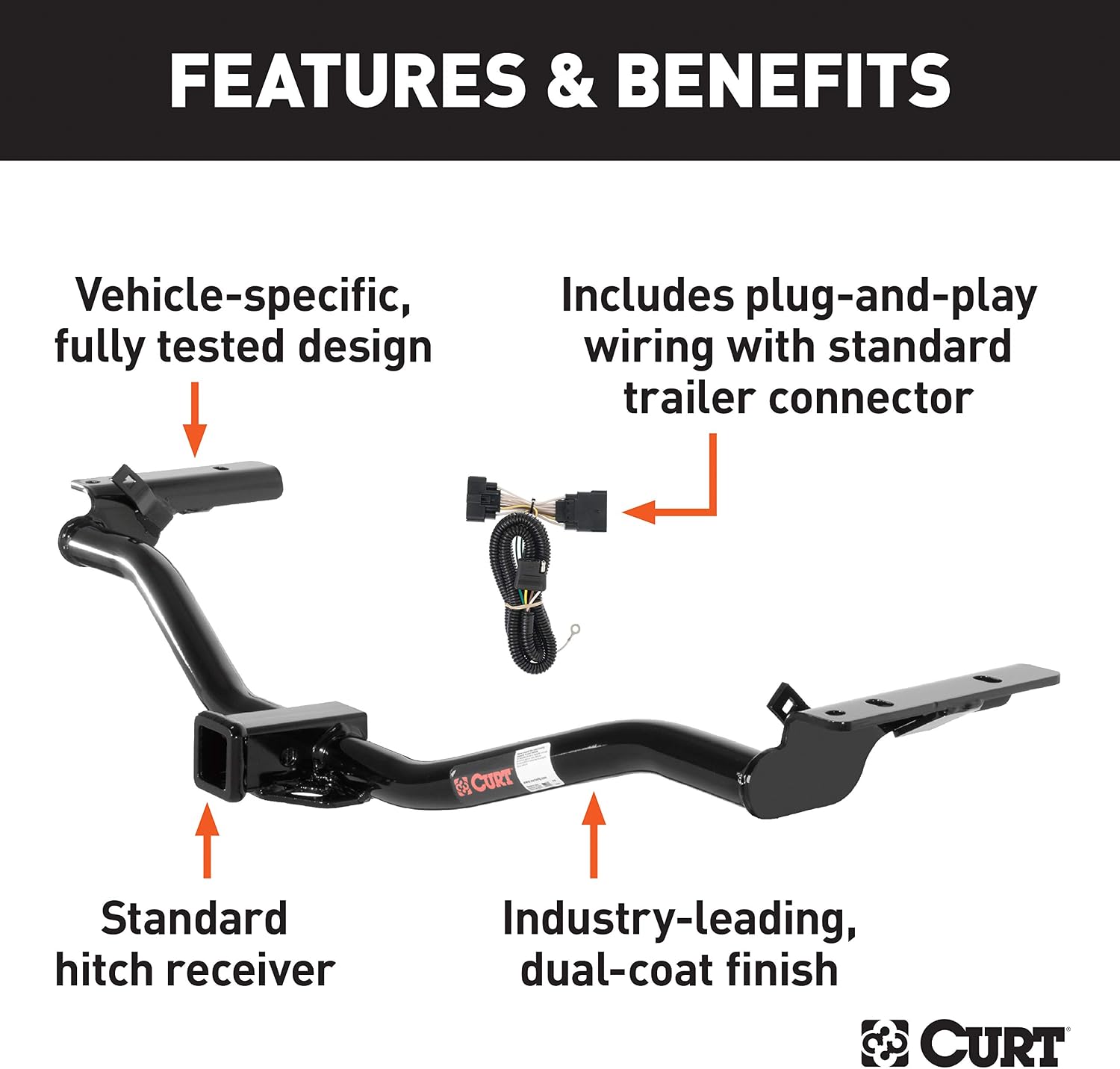 CURT Class 3 Trailer Hitch 2" Receiver with 4-Way Flat Output Custom Wiring Harness fits 2011-2019 Explorer | Resists Rust, Chipping