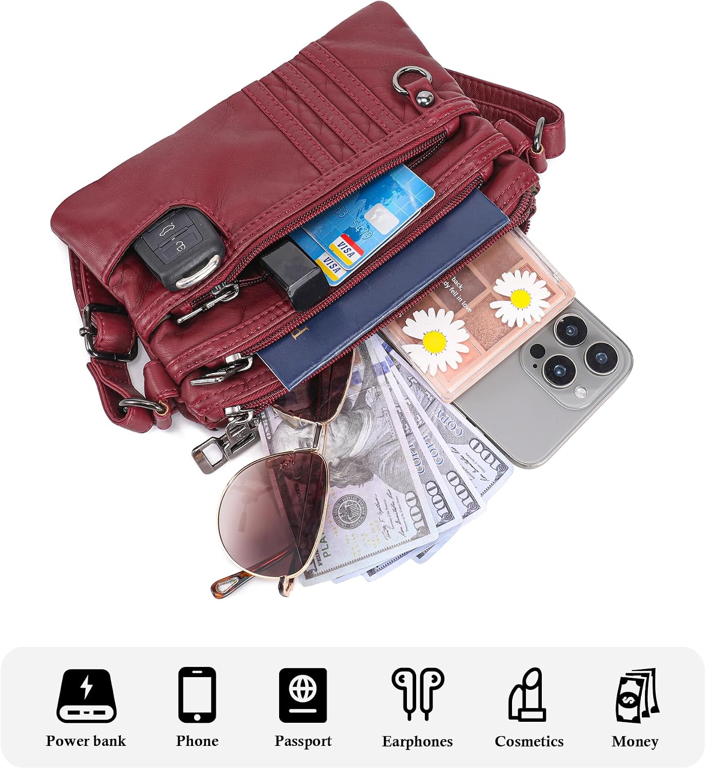 MINICAT Multi Pocket Small Crossbody Purses for Women Everyday Shoulder Bag | Lightweight Organizer, Cross body Bag with Multiple Zipper Pockets, Vegan Leather, Phone Purse for Travel Casual Daily