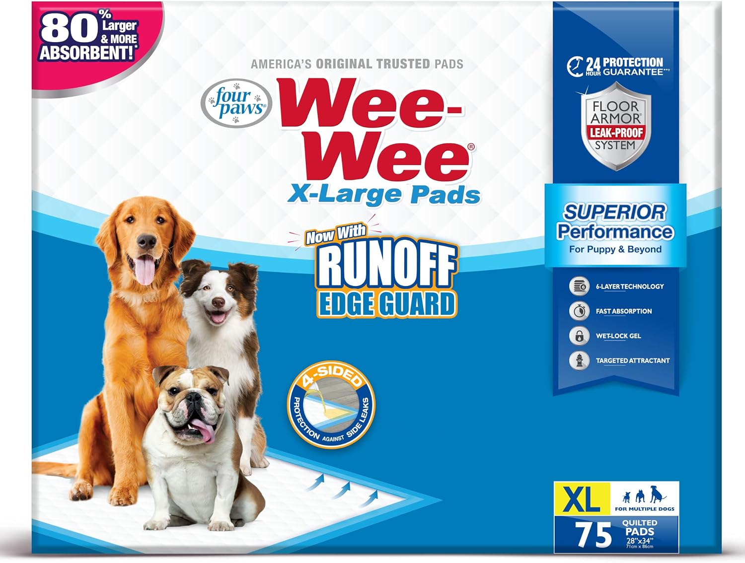 Four Paws Wee-Wee Superior Performance X-Large Dog Pee Pads, 40 Count | Puppy & dog potty training pads, housebreaking supplies, xl puppy pads, pet supplies, 24-hour floor protection, 28" x 34"