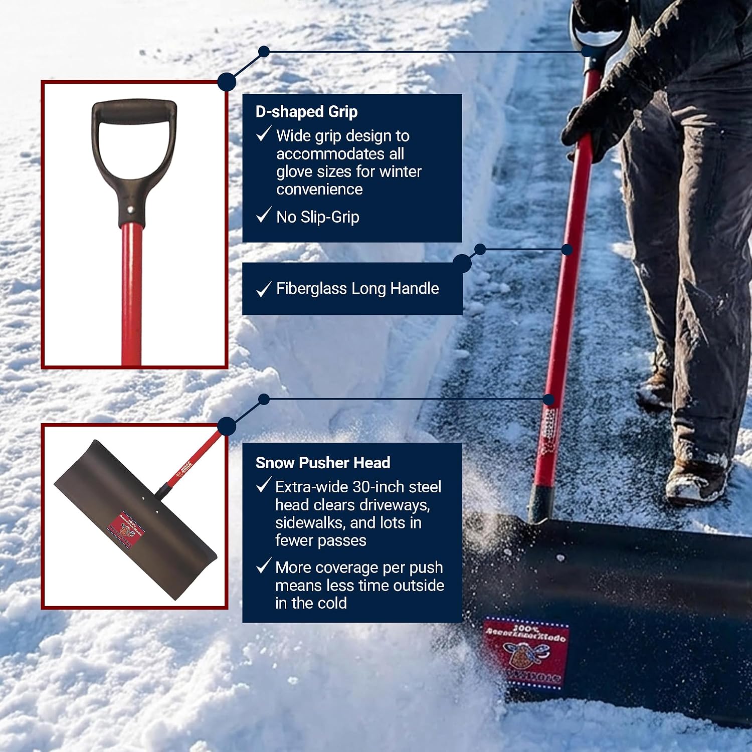 Heavy Duty Steel Snow Pusher - Extra Long Fiberglass D-Grip Handle, Durable Wide Metal Push Shovel for Driveways, Sidewalks & Parking Lots