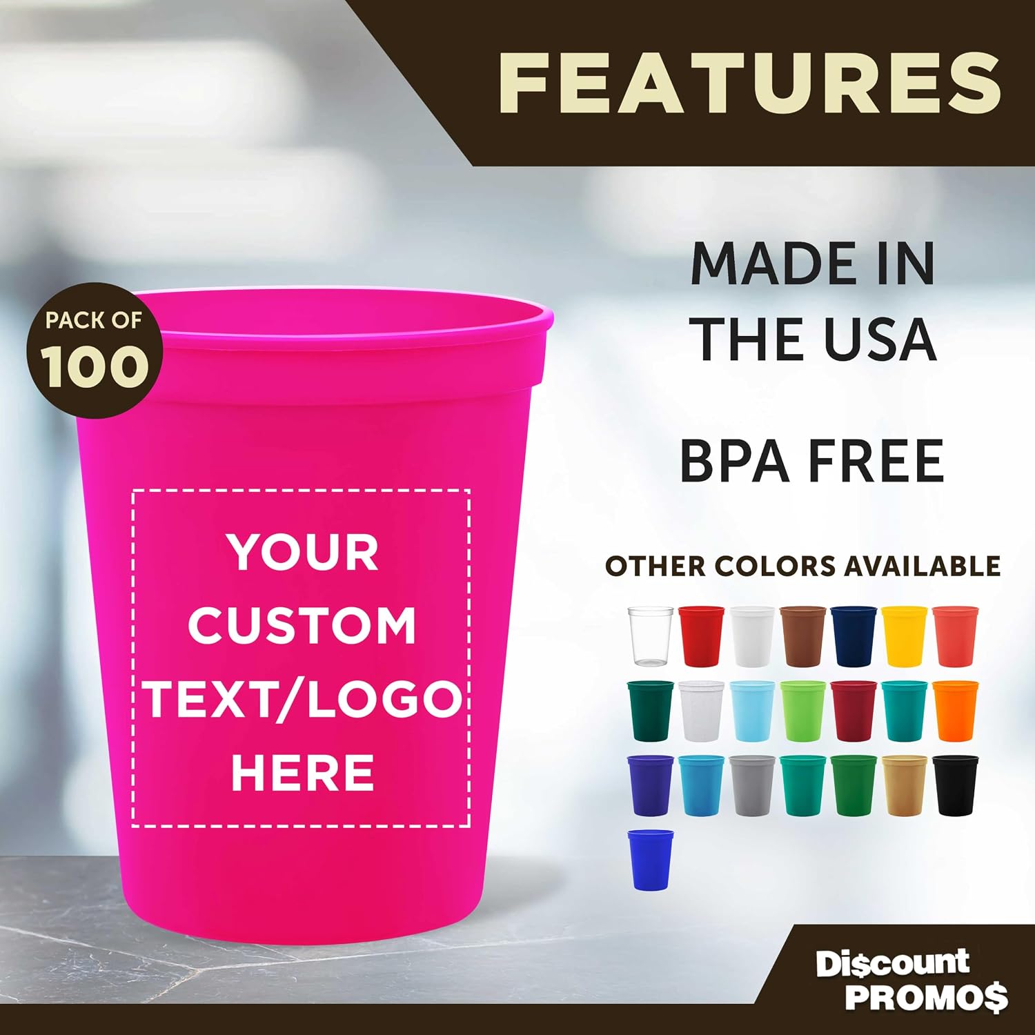 DISCOUNT PROMOS Custom Plastic Stadium Cups 16 oz. Set of 10/50/100, Personalized Bulk Pack - Perfect for Birthdays, Weddings, Picnic, Beach