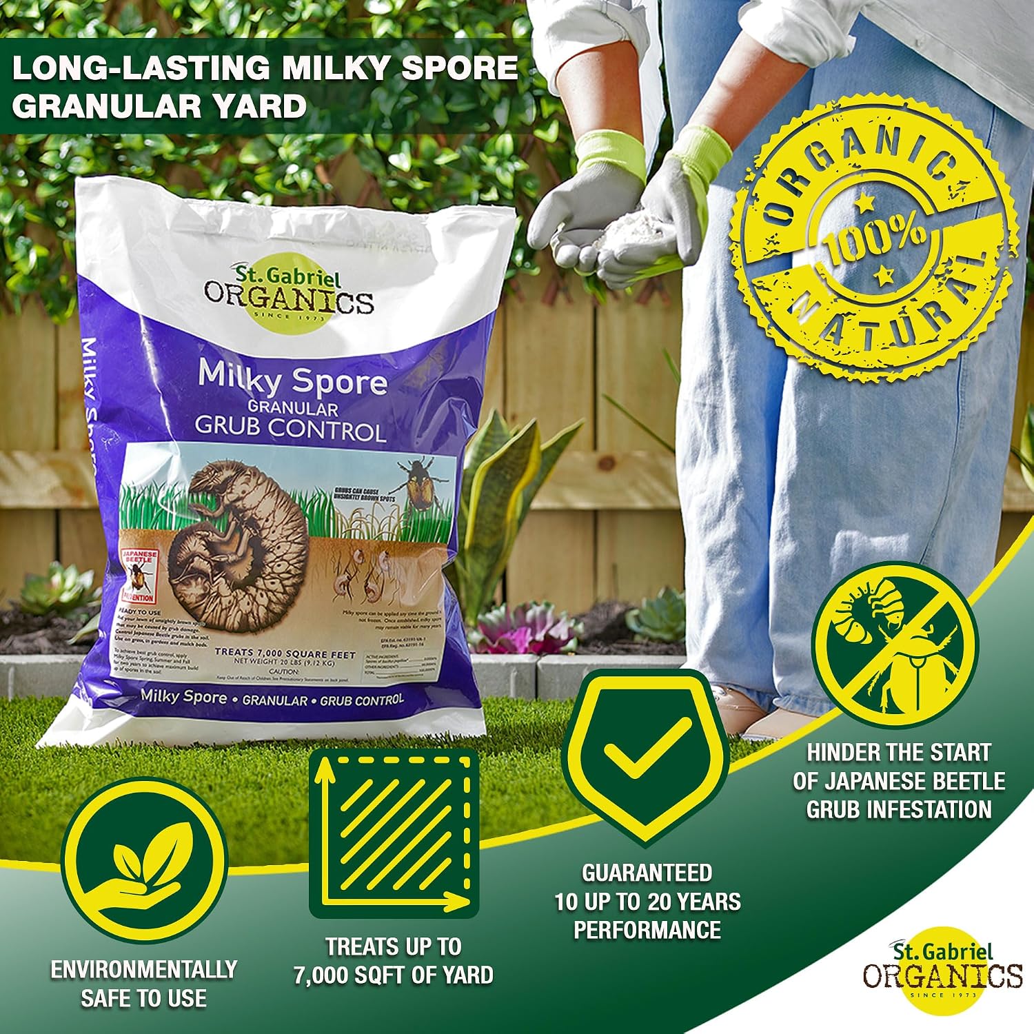 ST. Gabriel Organics - Milky Spore Granular Natural Bacteria Japanese Beetle Grub Killer Lawn and Garden Care Control, 20 Pound Pack