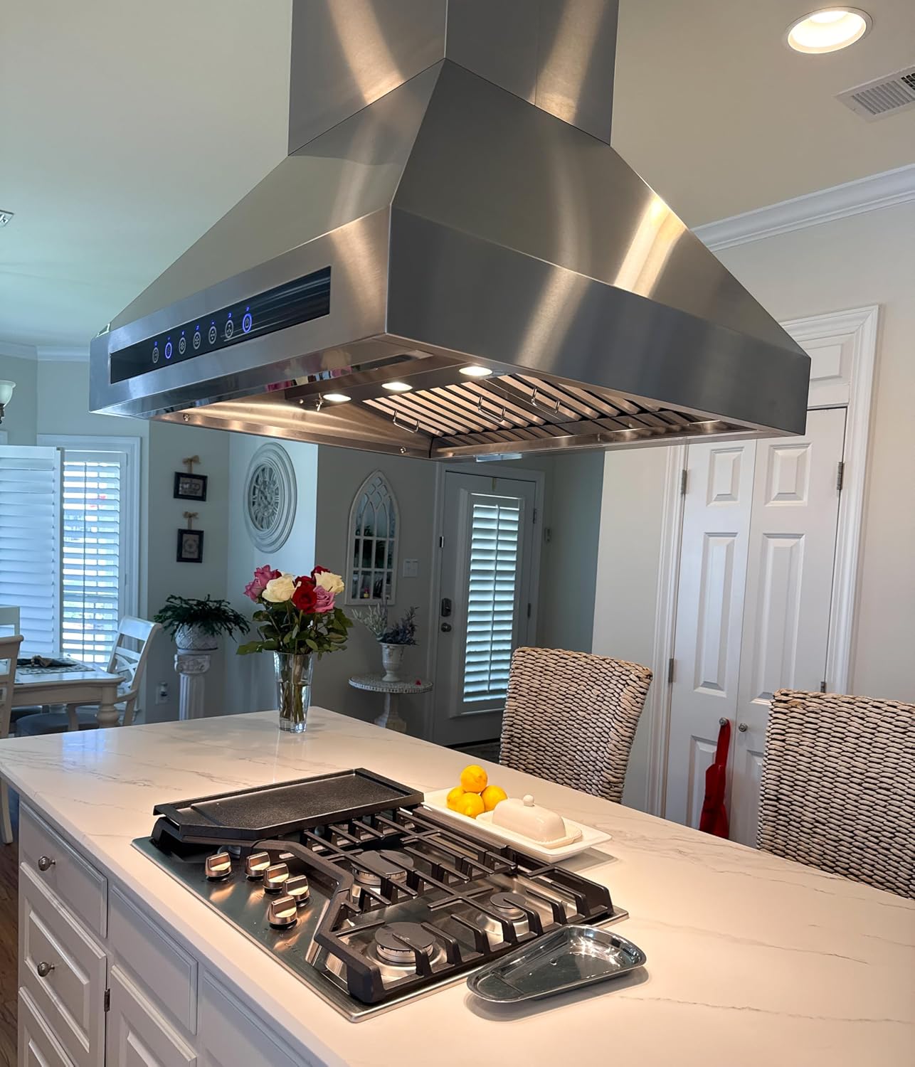 PROLINE 36-Inch Professional Island Range Hood, Ducted, 1200 CFM, Stainless Steel, LED Lights, LCD Touch Control, ULTRA-QUIET Blower Motor, 4 Speed