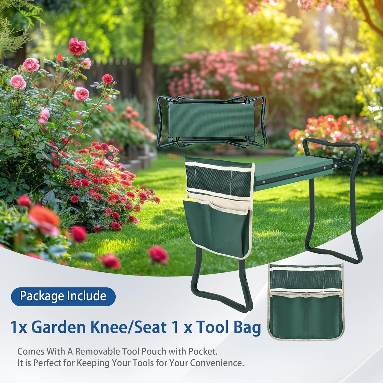 WFLNHB Garden Kneeler and Seat Stool Bench Foldable Kneeler Portable Garden Folding Stool with Tool Pouch and Soft Kneeling Pad