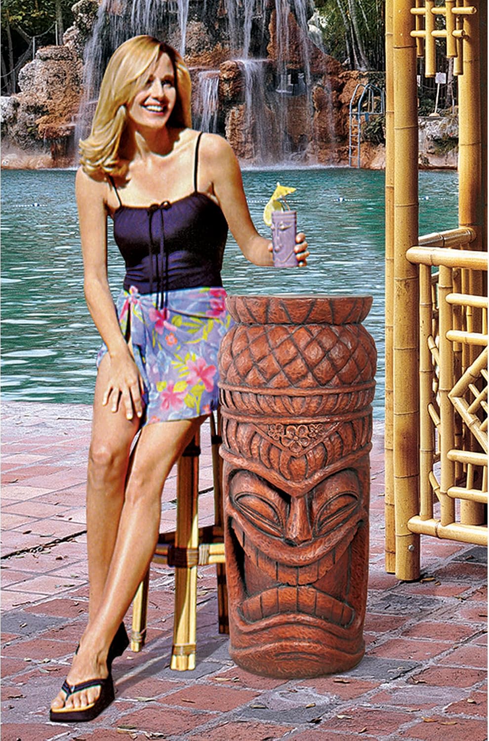 Design Toscano Grand Tiki Face Kanaloa Teeth Indoor/Outdoor Side Table Statue, Patio, Bar, Den, 20 inch tall, Cast Stone Resin, Woodtone Finish