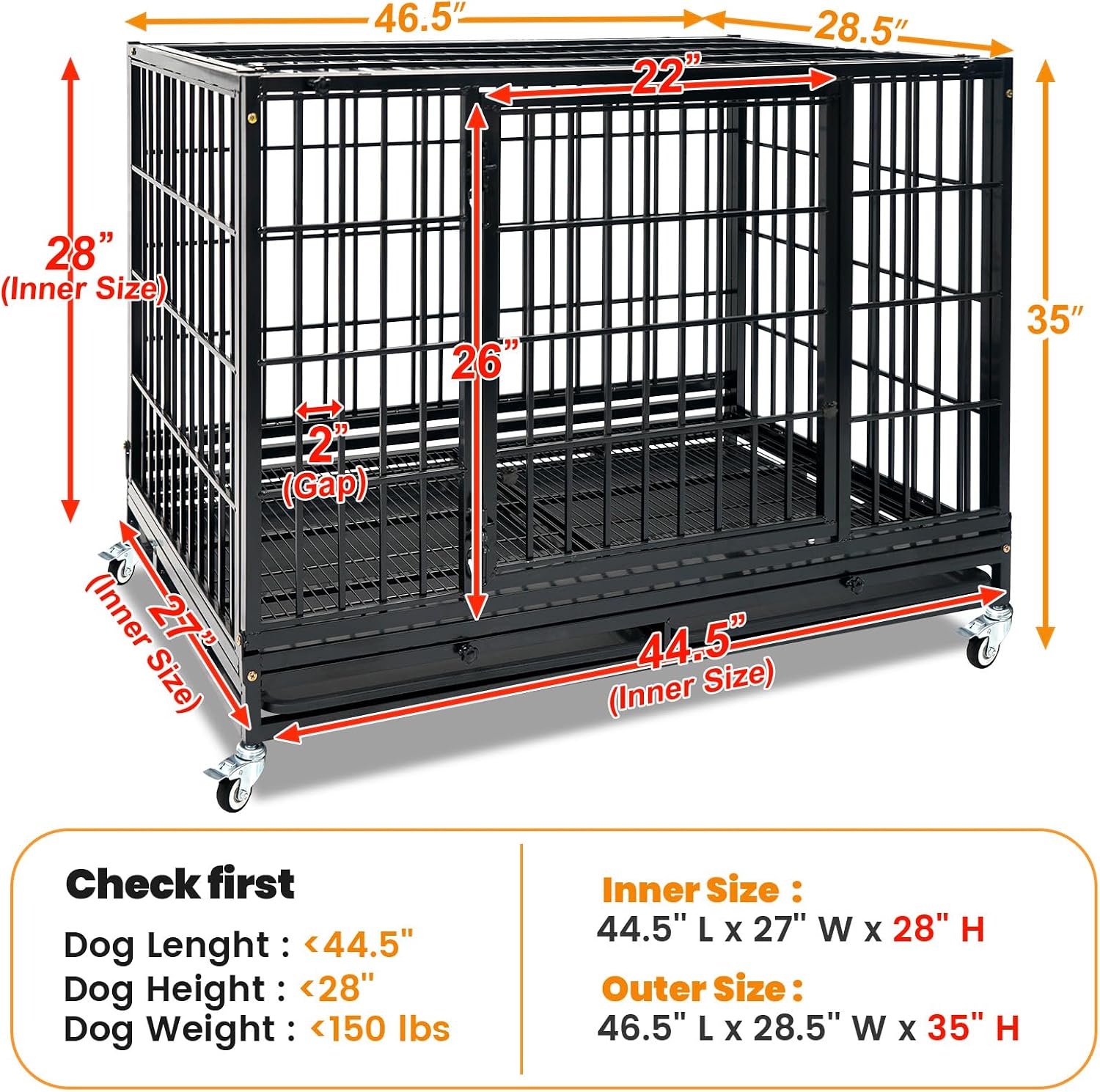 Homey Pet Taller 43" Heavy Duty Double Dog Crates with Divider & Dual Door | Drop Cage for Dogs with Lockable Wheels, Bowls, Removable Tray, Top Access, Ideal for Small to Medium & Large Dogs, Breeders