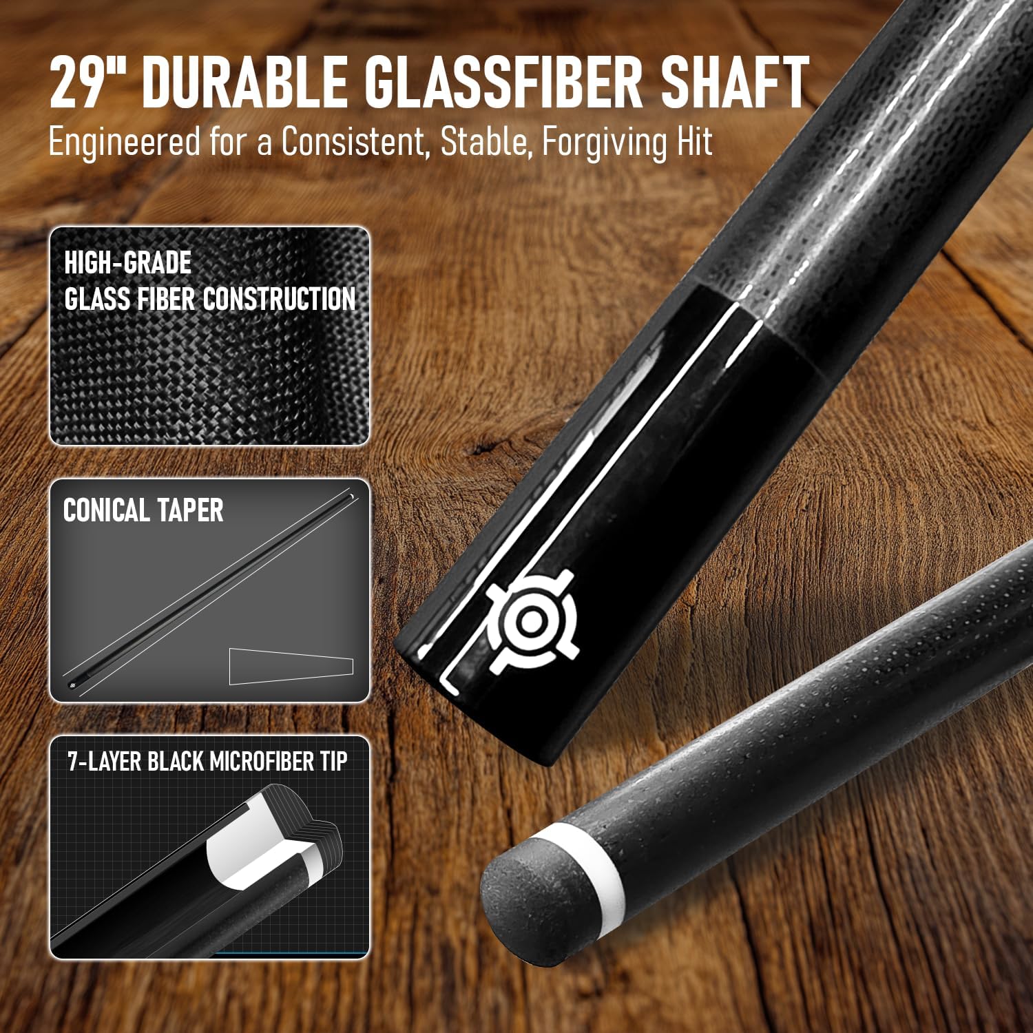 CUEBOTS Glass Fiber Cue, Glass Fiber House Cue Stick, Club Cue, Cue for Beginners, Durable Uni-QR, 3/8-10, 5/16-18 Joint, Long Lasting Glassfiber Shaft, 7-Layer Microfiber Tip
