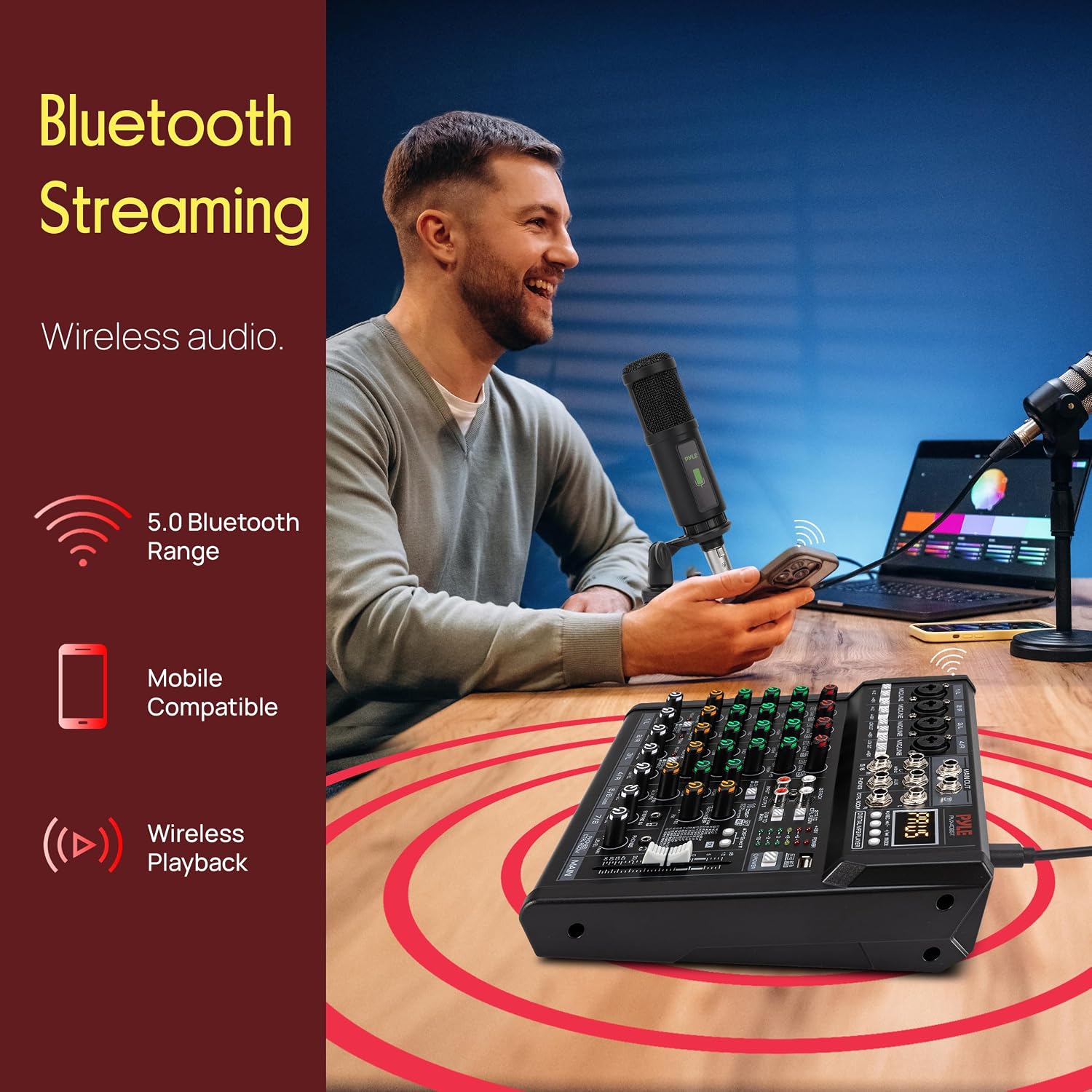 Pyle Professional Wireless DJ Audio Mixer - 4 Channel Bluetooth Controller Sound Mixer, USB Audio Interface