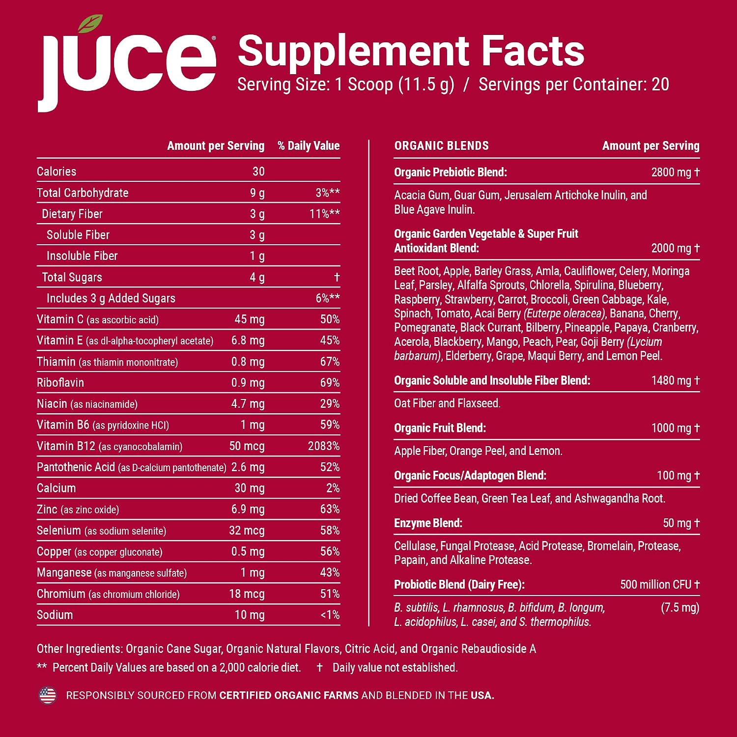 Juce Reds Organic Superfood Powder | Beet Root, 64 Superfoods | 20 Servings | Garden Berry flavor | Probiotics