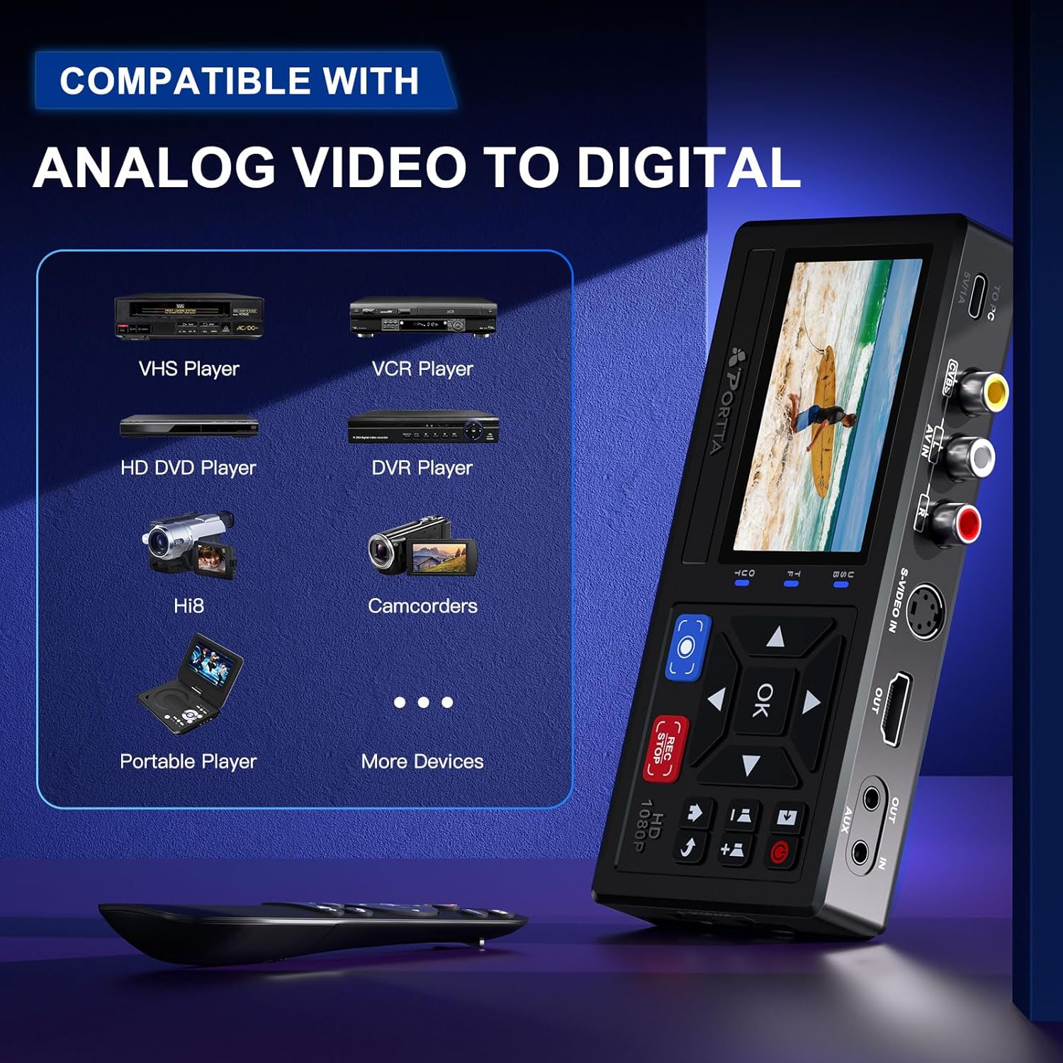 Portta VHS to Digital Converter, Video to Digital Recorder with Remote, Compatible with VHS, VCR, DVR, DVD, Hi8, Mini DV, Gaming Consoles (VCR