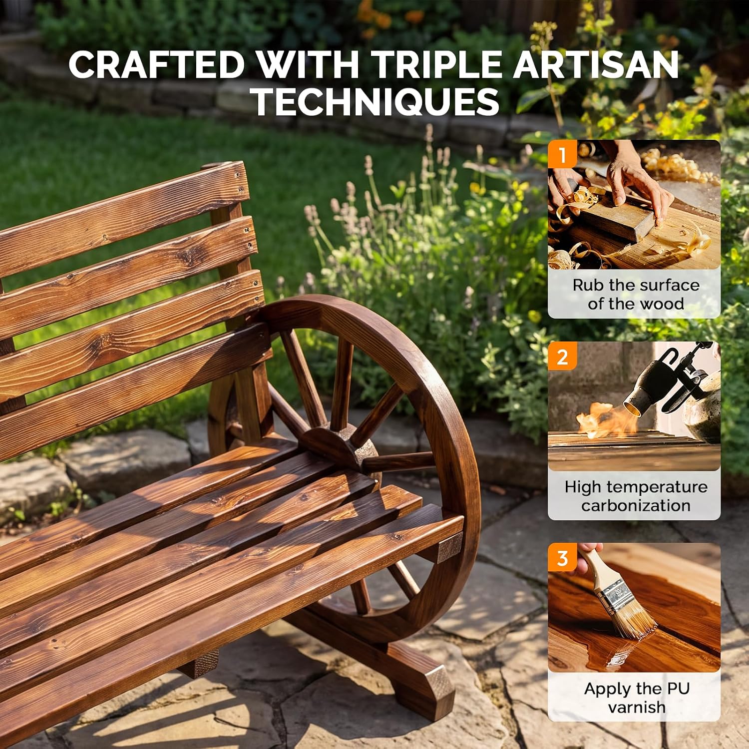 VINGLI Rustic Wooden Wheel Bench Outdoor Bench, Patio Bench Wagon Slatted Seat, Garden Benches for Outdoors 350lbs High Capacity