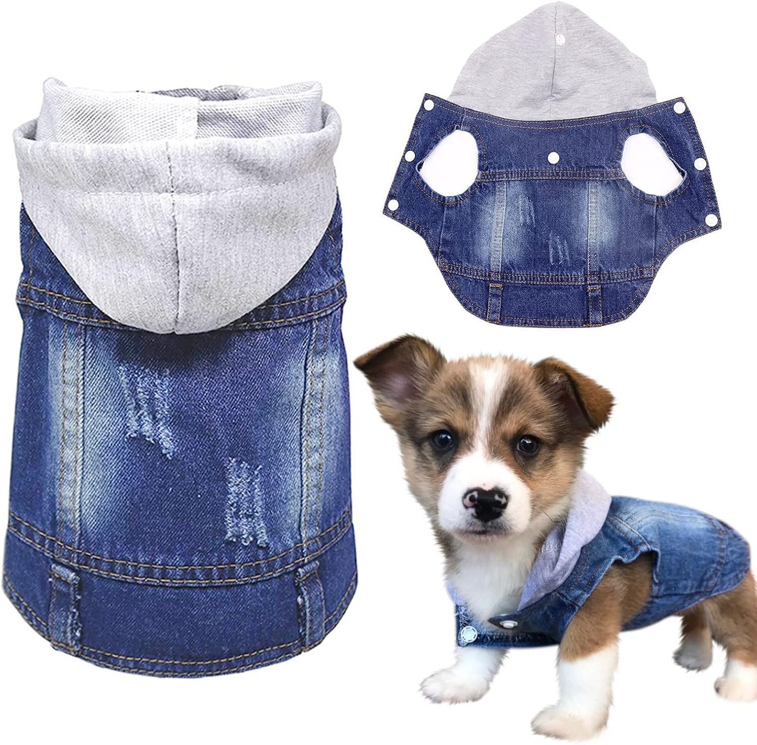 SILD Pet Dog Jeans Jacket Vest with Hooded Blue Dogs Hoodies Denim Cat Coat | Boy Girl Male Dogggie Puppy Cute Vintage Cool Classic Small Medium Machine Washable Apparel Clothes Outfit T-Shirts Costume