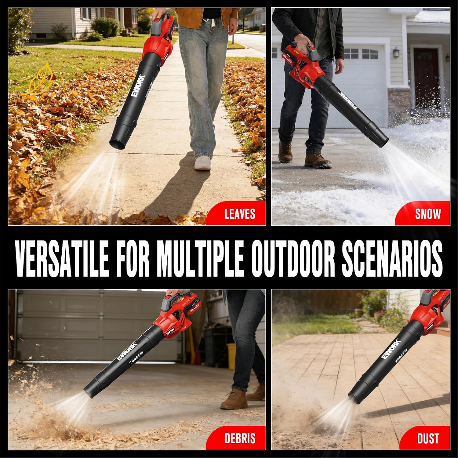 EWORK 20V 700CFM Cordless Leaf Blower with 2×4.0Ah Batteries and Charger | 2-Speed Adjustable Powerful Handheld Electric Leaf Blowers for Lawn Care