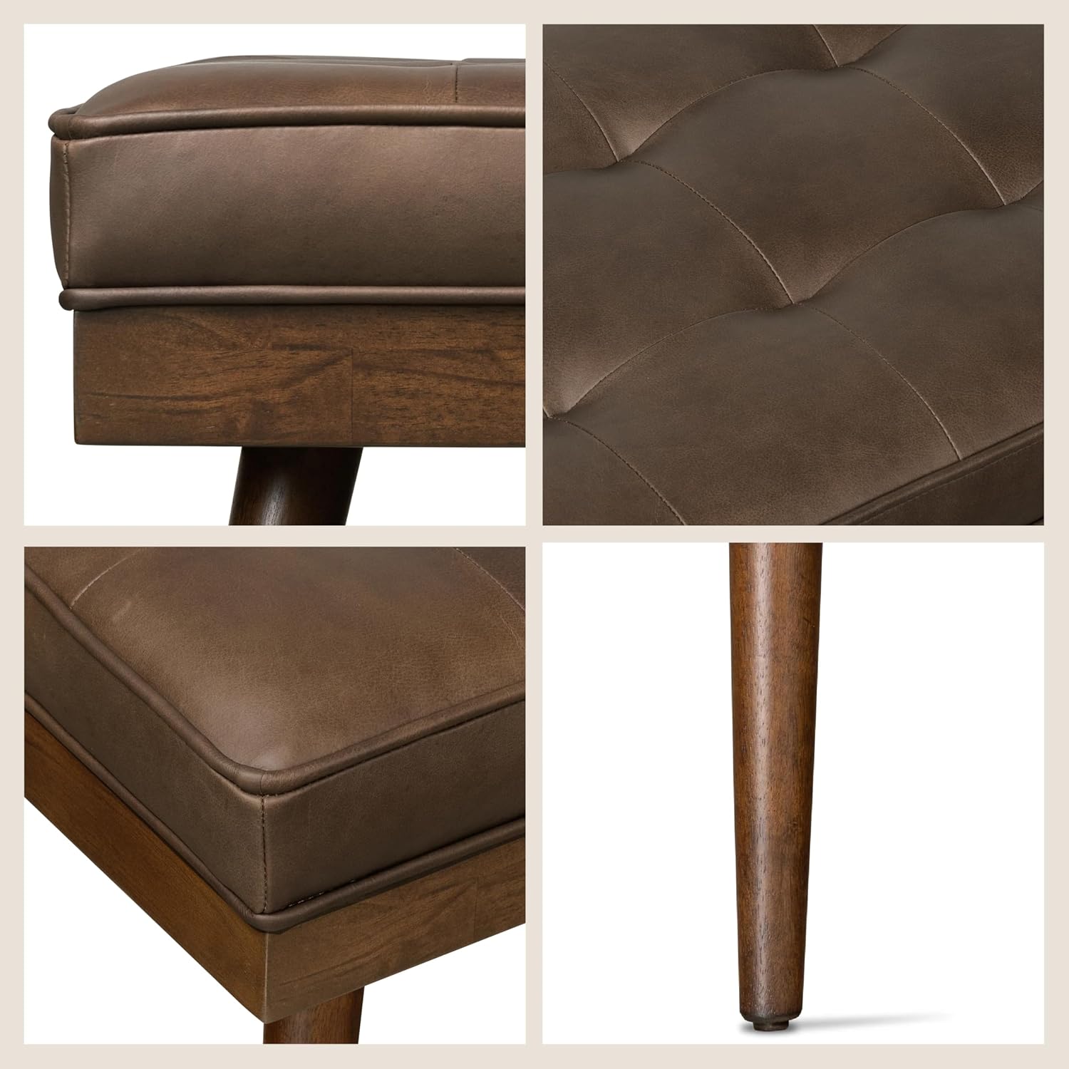 Poly & BARK 55" Tufted Leather Bed Bench for Bedroom End of Bed - Living Room Entry Way Bench - Pure Italian Leather Upholstery with a Solid Wood Frame - Ottoman Bench with Wooden Legs - Cognac Tan