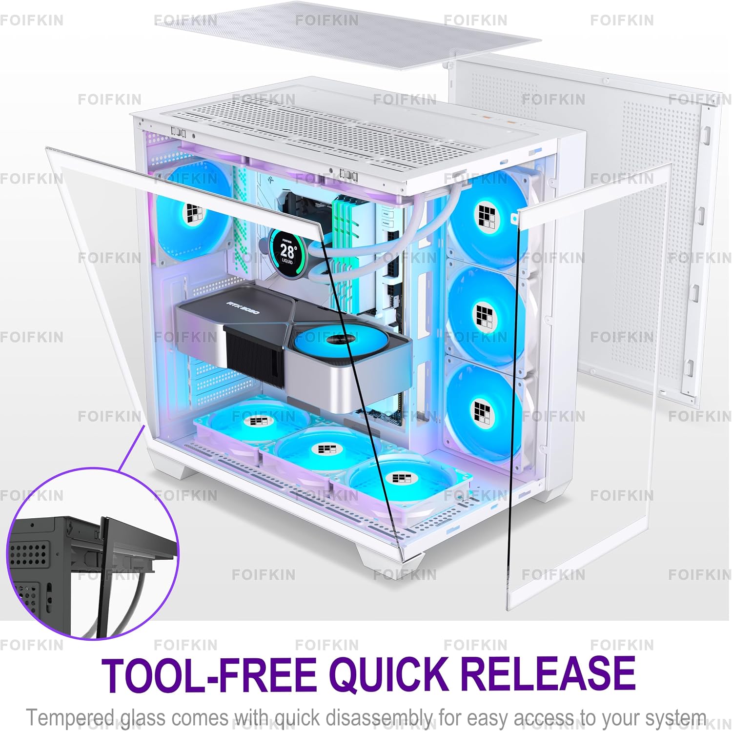 FOIFKIN F600 PC Case - Pre-Installed 7 PWM ARGB Fan, ATX Mid-Tower Gaming PC Case, 270° Panoramic Glass with Type-C, FOIFKIN (Black, F600)