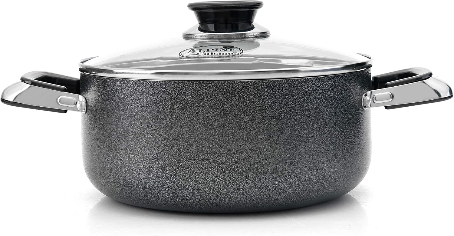 Alpine Cuisine 4 Quart Non-stick Stock Pot with Tempered Glass Lid and Carrying Handles, Multi-Purpose Cookware Aluminum Dutch Oven for Braising, Boiling, Stewing