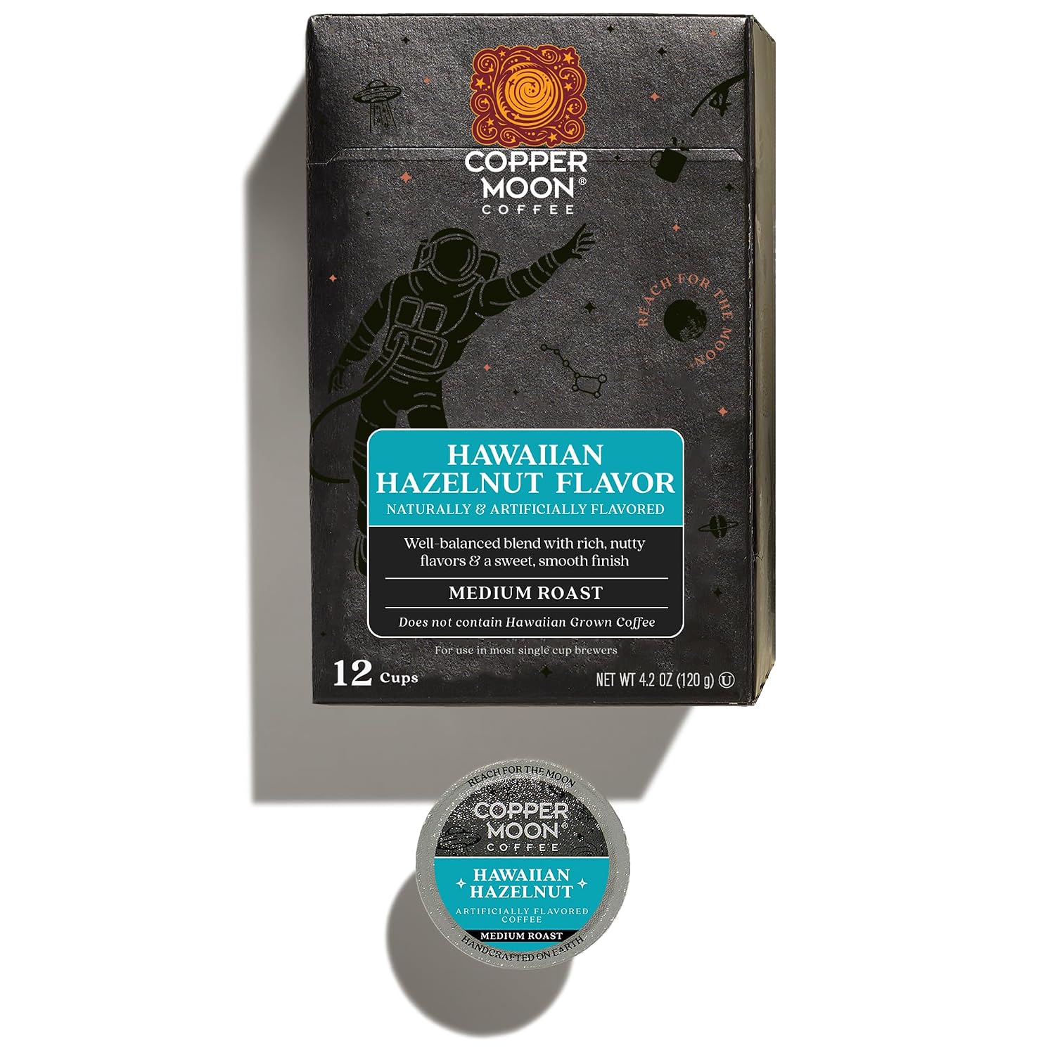 Copper Moon K-Cup Coffee Pods, Medium Roast, Hawaiian Hazelnut, 12 Count | 12 Count, Flavored Coffee, Vegan, Allergen Free, Non-GMO, Kosher, Small Batch Roasted, Compatible with Keurig K Cup Brewers