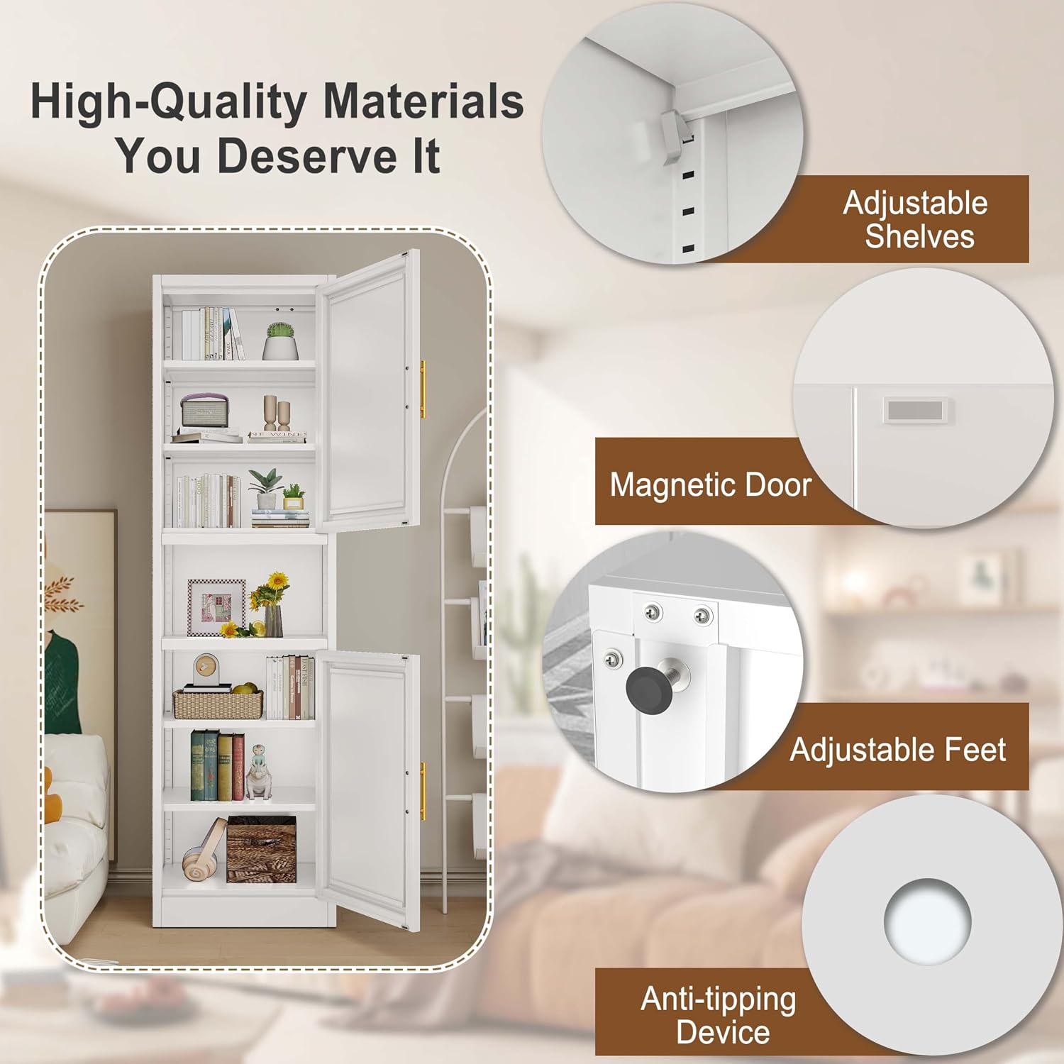 pozdeg 67" Tall Narrow White Metal Storage Cabinet | 2 Doors, 4 Adjustable Shelves, Freestanding Slim Pantry Organizer for Bathroom Kitchen Living Room