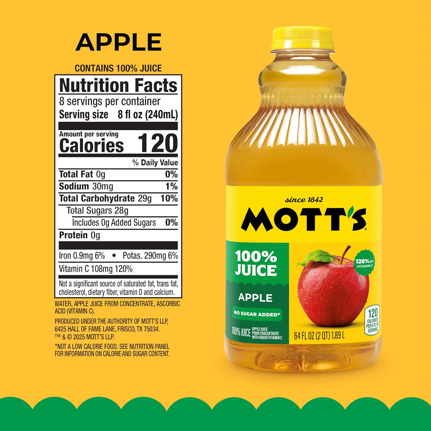 Mott's 100% Original Apple Juice, 64 Fl Oz Bottle (Pack Of 8), 2 Servings Of Fruit Per Cup, 100% Fruit Juice, Gluten-free, Caffeine-free, Kosher, And Contains No Artificial Colors Or Sweeteners