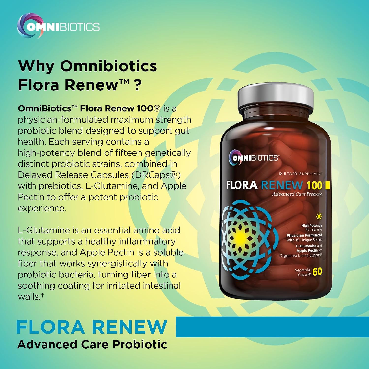 100 Billion Probiotics - 15-Strain Probiotic for Women & Men, DRCaps Delayed Release, Prebiotics, L-Glutamine, Apple Pectin, Gut Lining Support