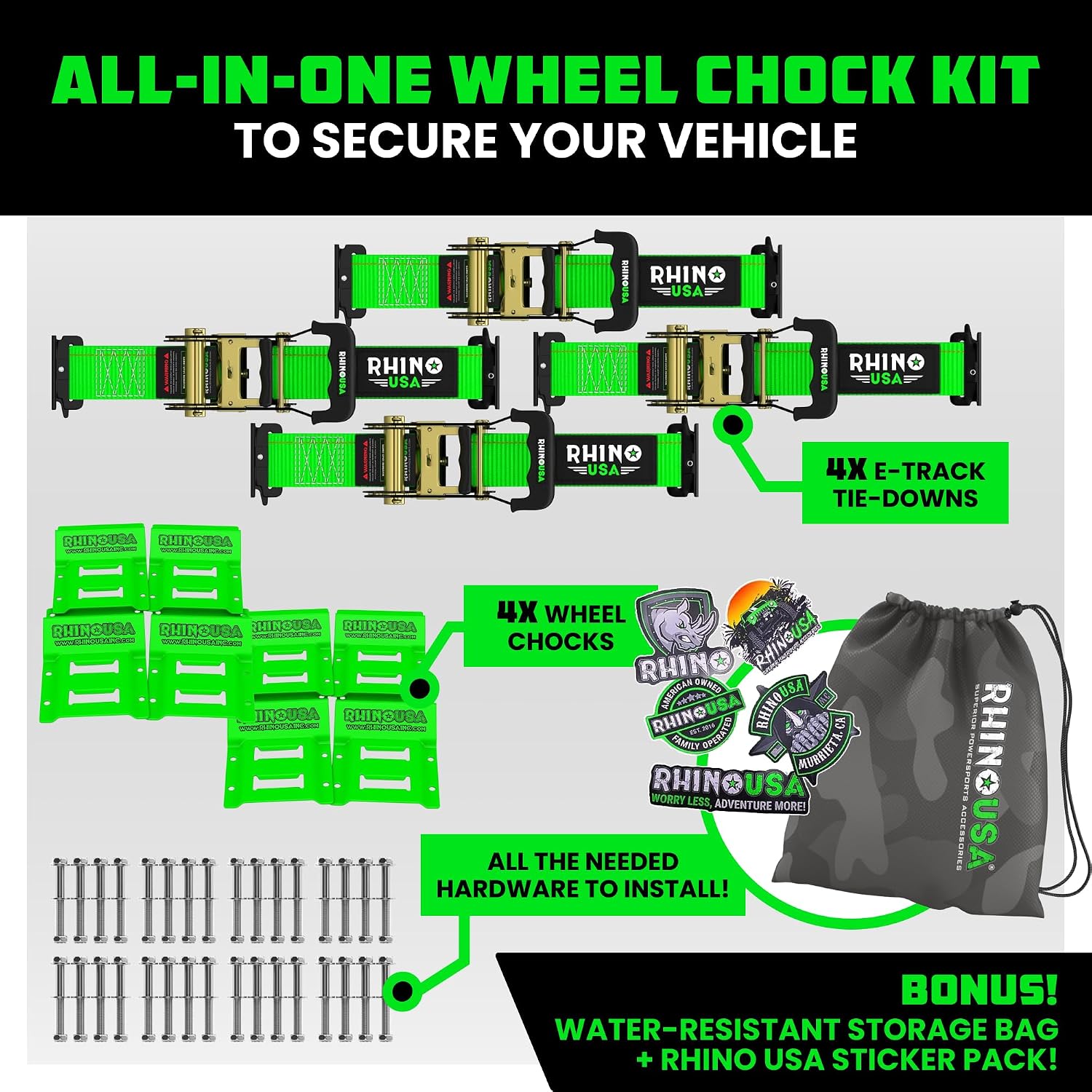 Rhino USA Wheel Chock Tie Down Kit (4,500lb) - 2 Straps & 4 Chocks