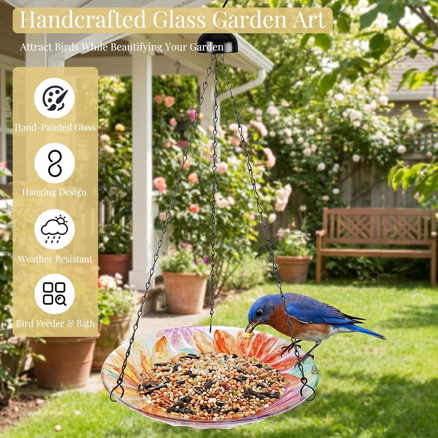 VCUTEKA Hanging Bird Baths Outdoor Glass Birdbath Feeder for Garden Decor