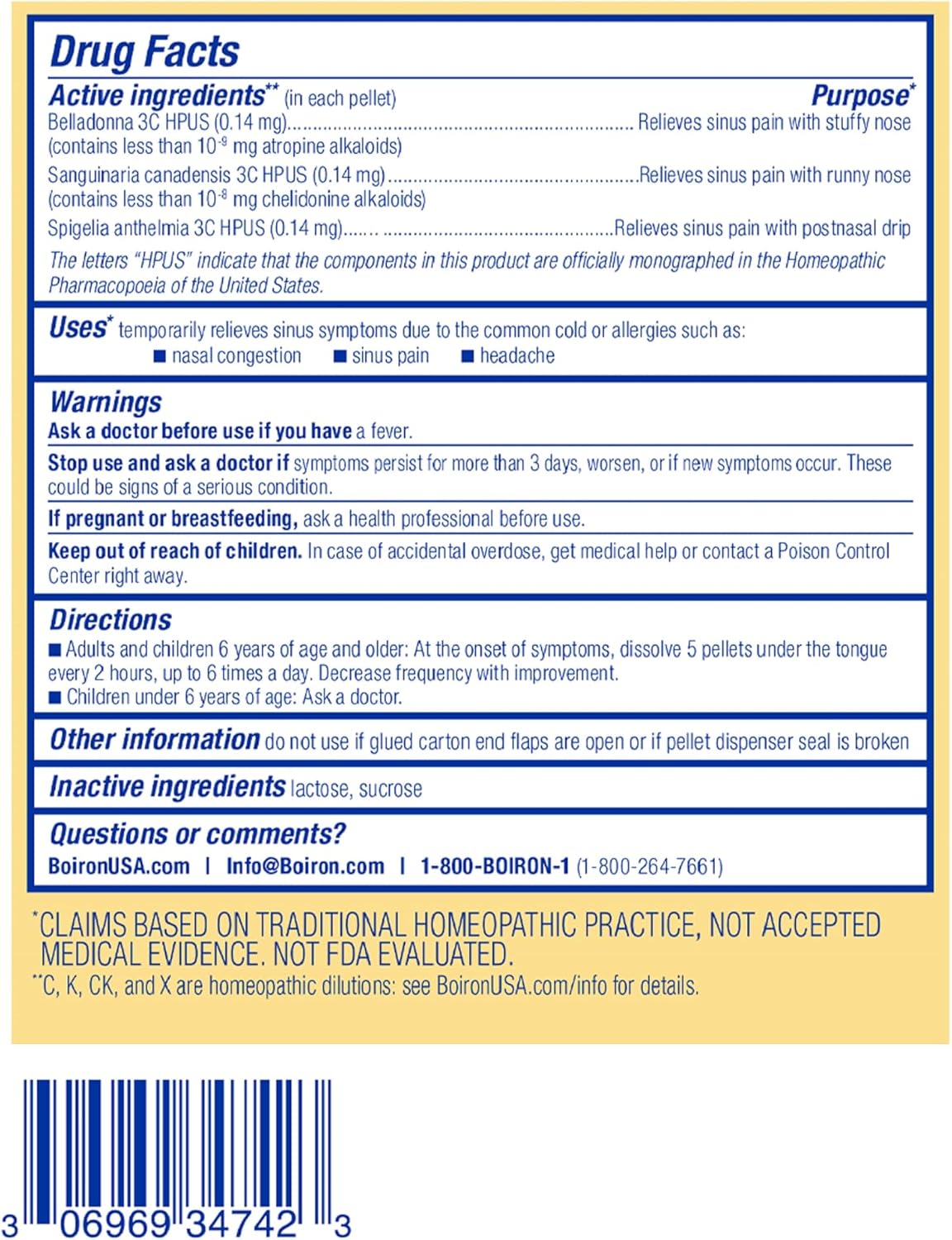 Boiron SinusCalm Pellets for Sinus Pain Relief, Runny Nose, Congestion, Sinus Pressure, Headache - 2 Count (160 Pellets)