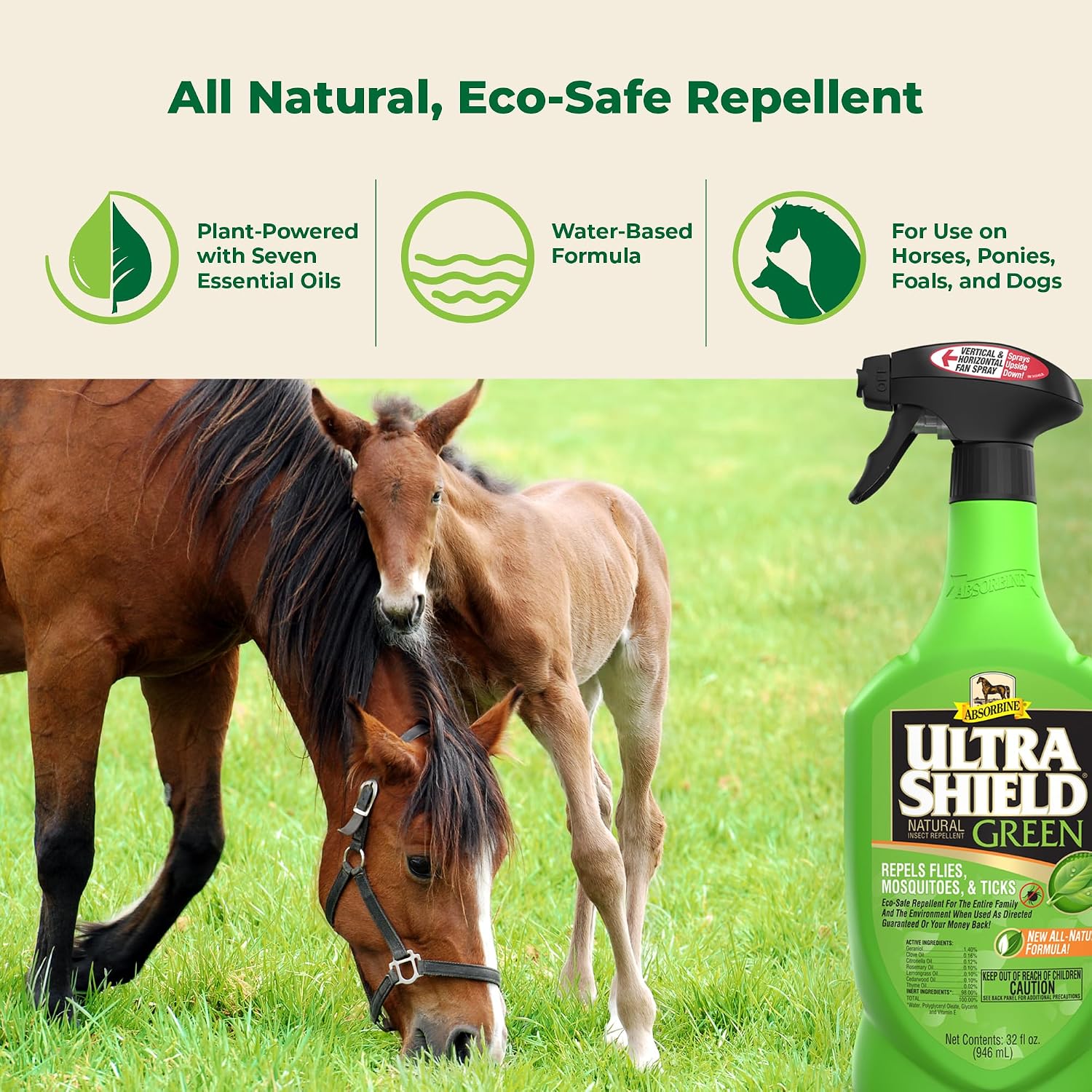 Absorbine UltraShield Green Natural Insect Repellent, 128 fl oz Gallon | Use on Horses & Dogs, Botanical Essential Oils, Daily Use, Repels 70+ Species Including Flies, Mosquitoes, Gnats & Ticks