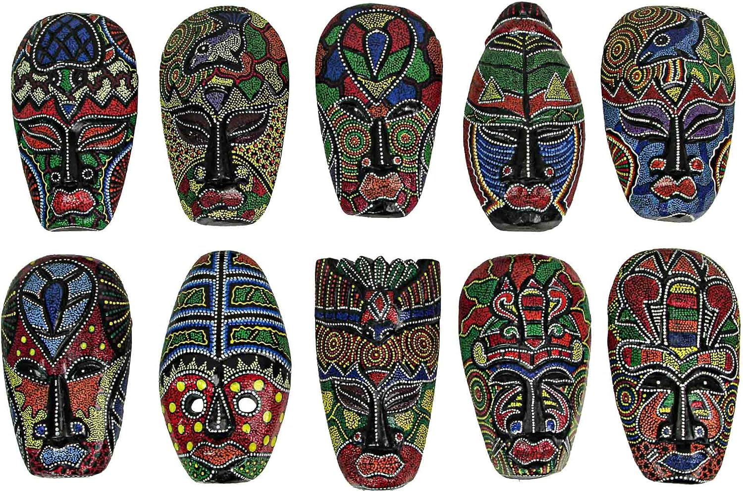 Set of 10 Colorful Hand Carved Tropical Island Dot Painted Tribal Masks 6 1/2 Inches High Wall Hangings | Dot-Painted Indonesian Designs