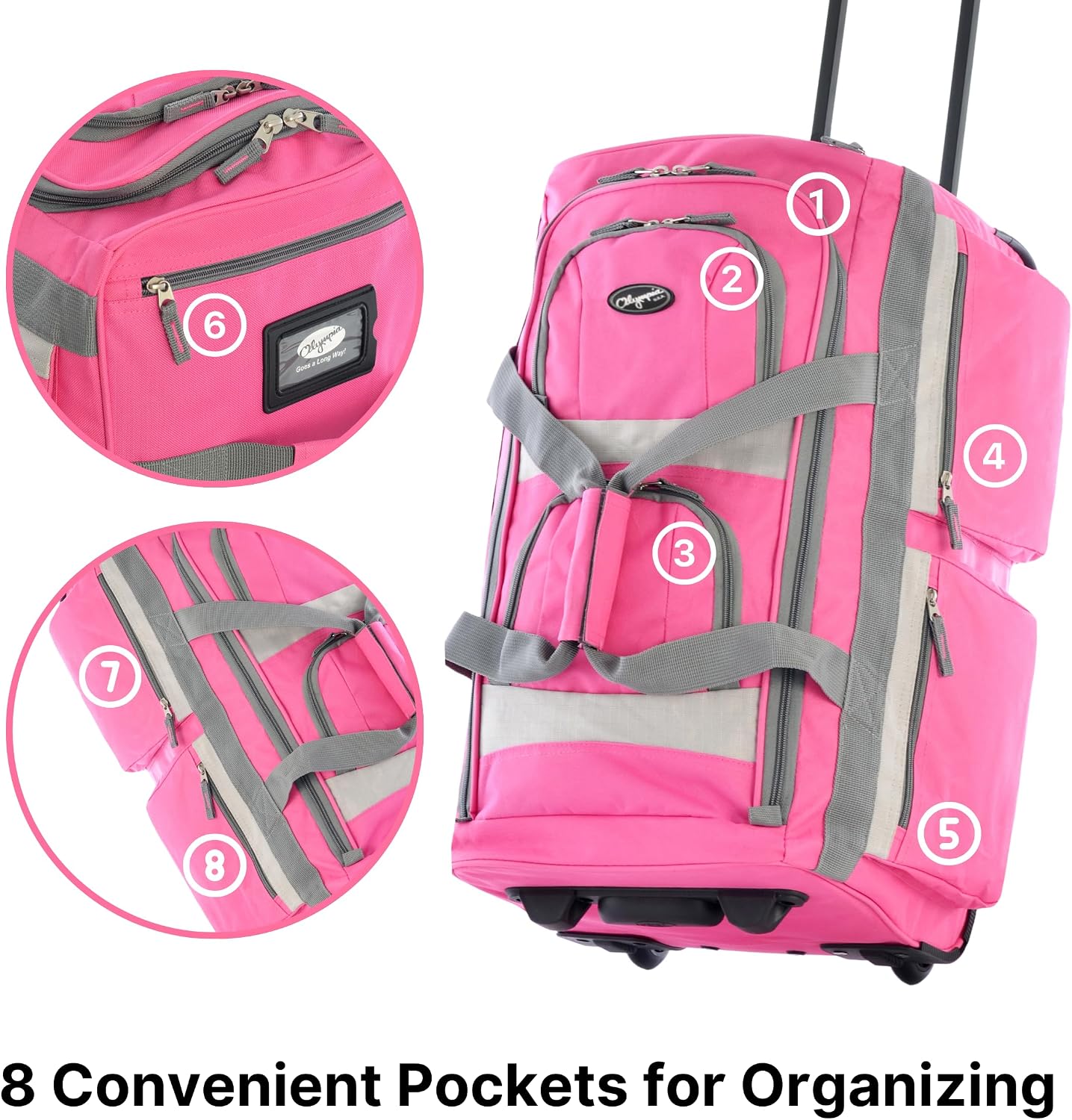 Olympia U.S.A. 33 inch Jumbo Size 8 Pockets Wheeled Rolling Duffel Bag Water Resistant Luggage Lightweight Travel Suitcase with Retractable Handle