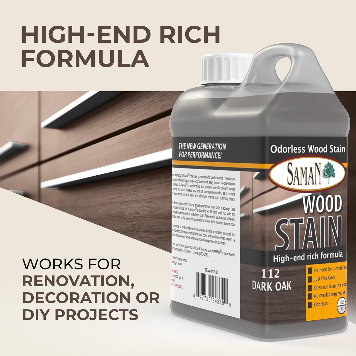 SamaN Interior Water Based Wood Stain - Natural Stain for Furniture, Moldings, Wood Paneling, Cabinets (Antique Walnut TEW-212-12, 12 oz)