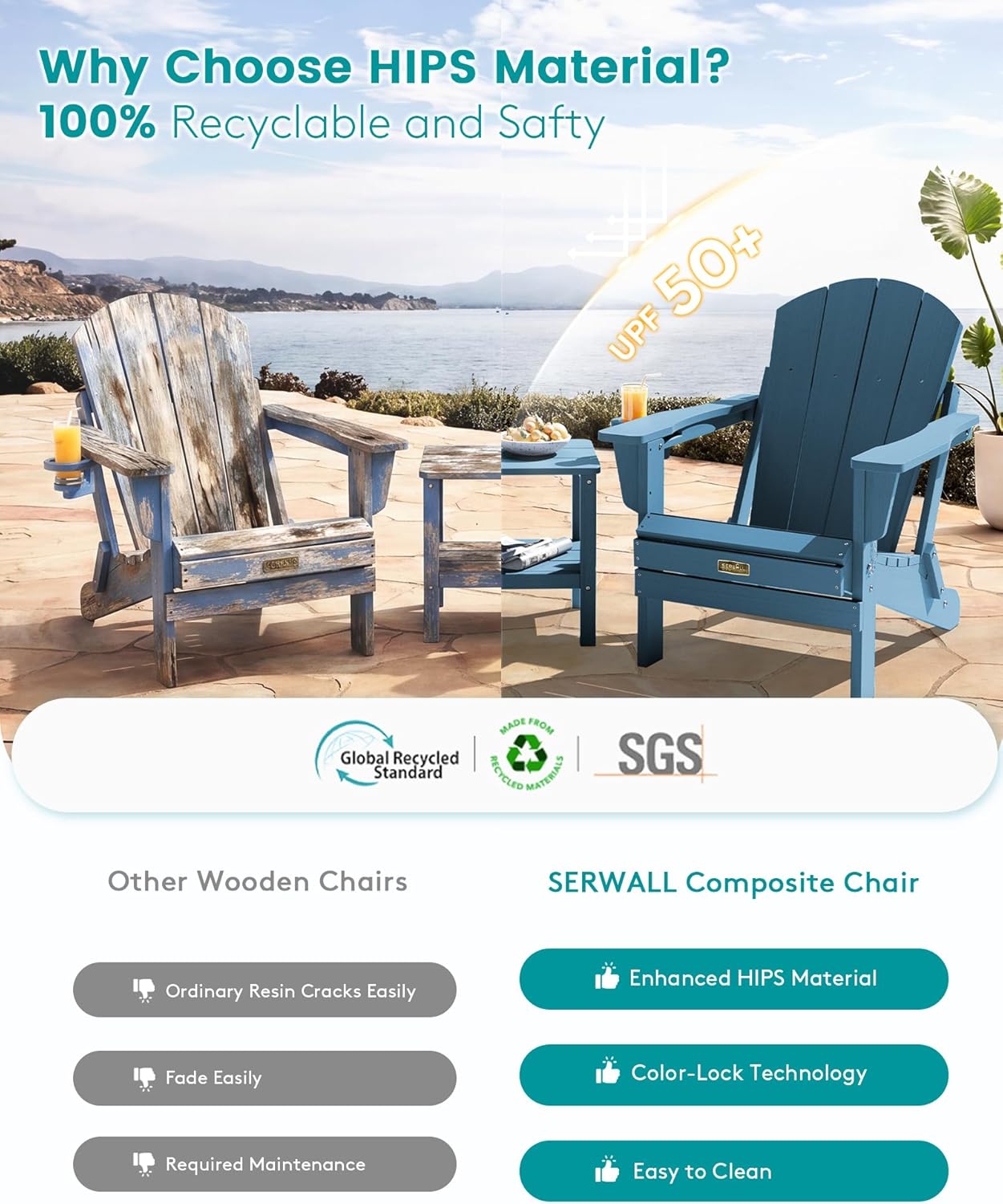 SERWALL Folding Adirondack Chairs with Cup Holder, Outdoor Fire Pit - Blue