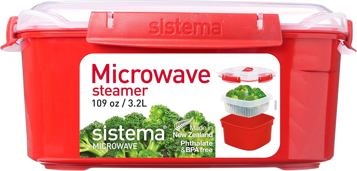 Sistema Heat & Eat Microwaveable Food Steamer with Removable Steamer Basket & Steam Release Vents, Large 3.2L Capacity, Dishwasher & Freezer-Safe, BPA-Free