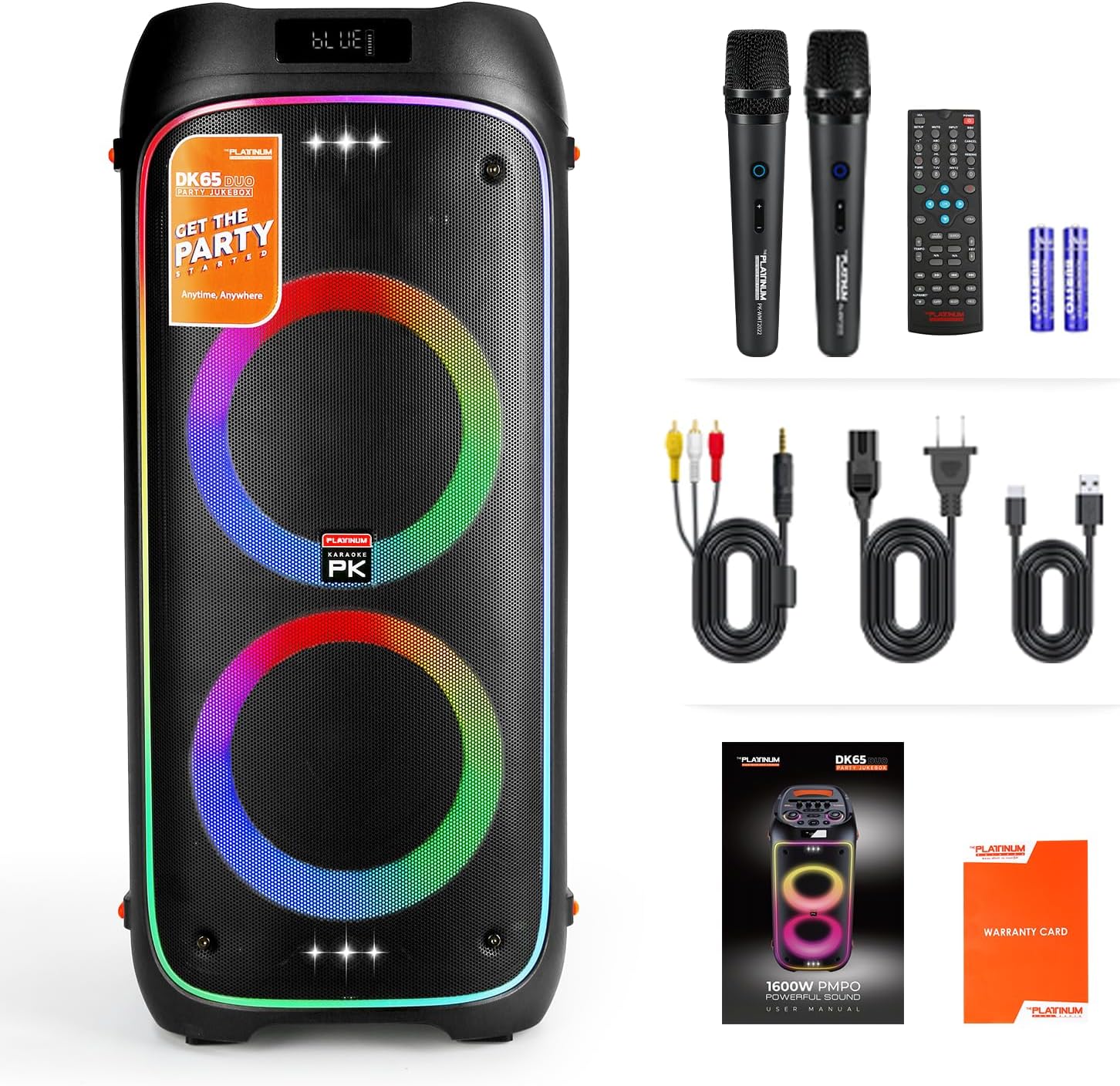 The platiunm DK65 Party Speaker Karaoke Systems for Adults with 2 Wireless Microphone, Bass and Treble Adjustment, with LED Lights, 23K Songs