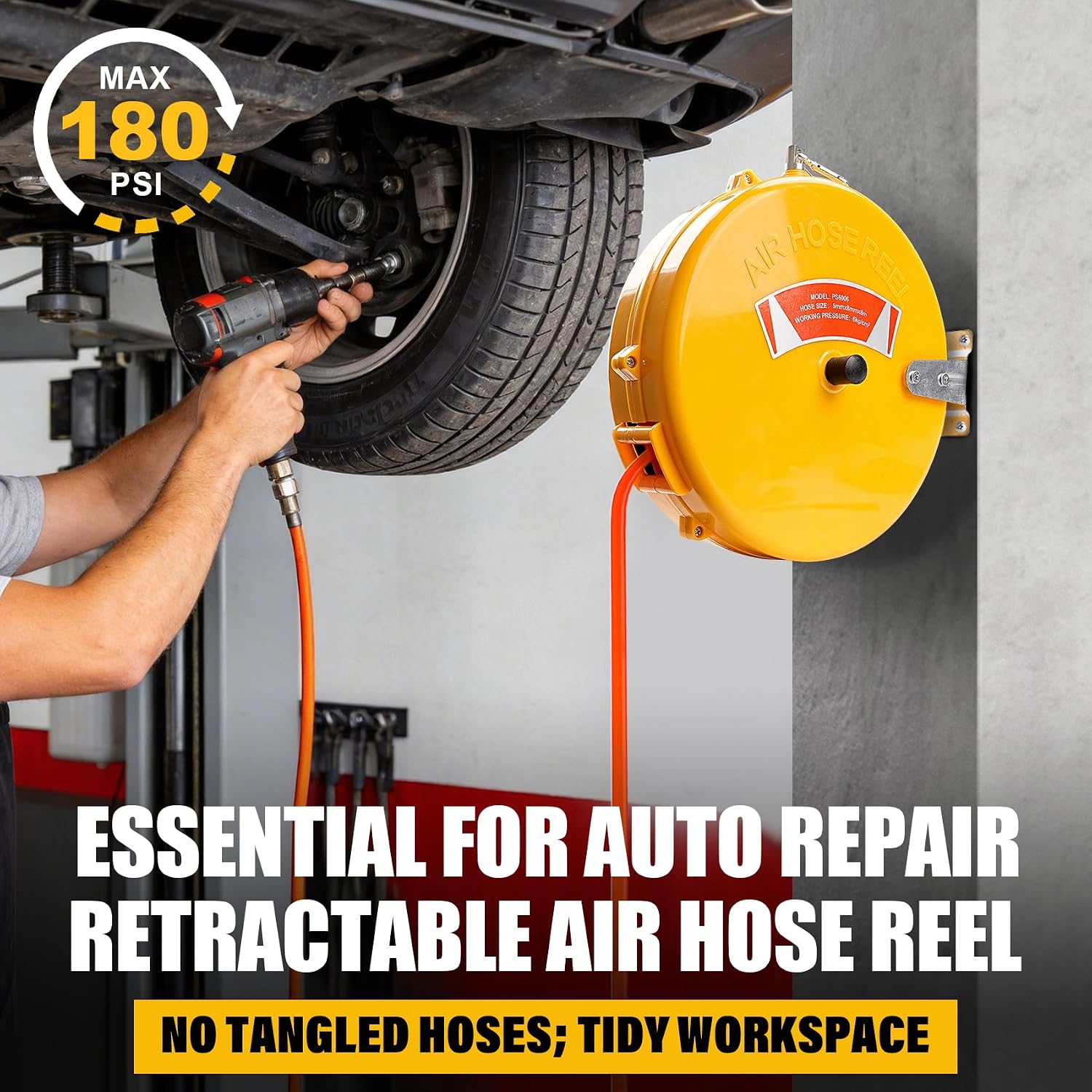 Mini Air Hose Reel With 1/4in. x 26ft. | Retractable Air Compressor Hose for Pneumatic Tools, Auto Rewind, Ceiling/Wall Mount
