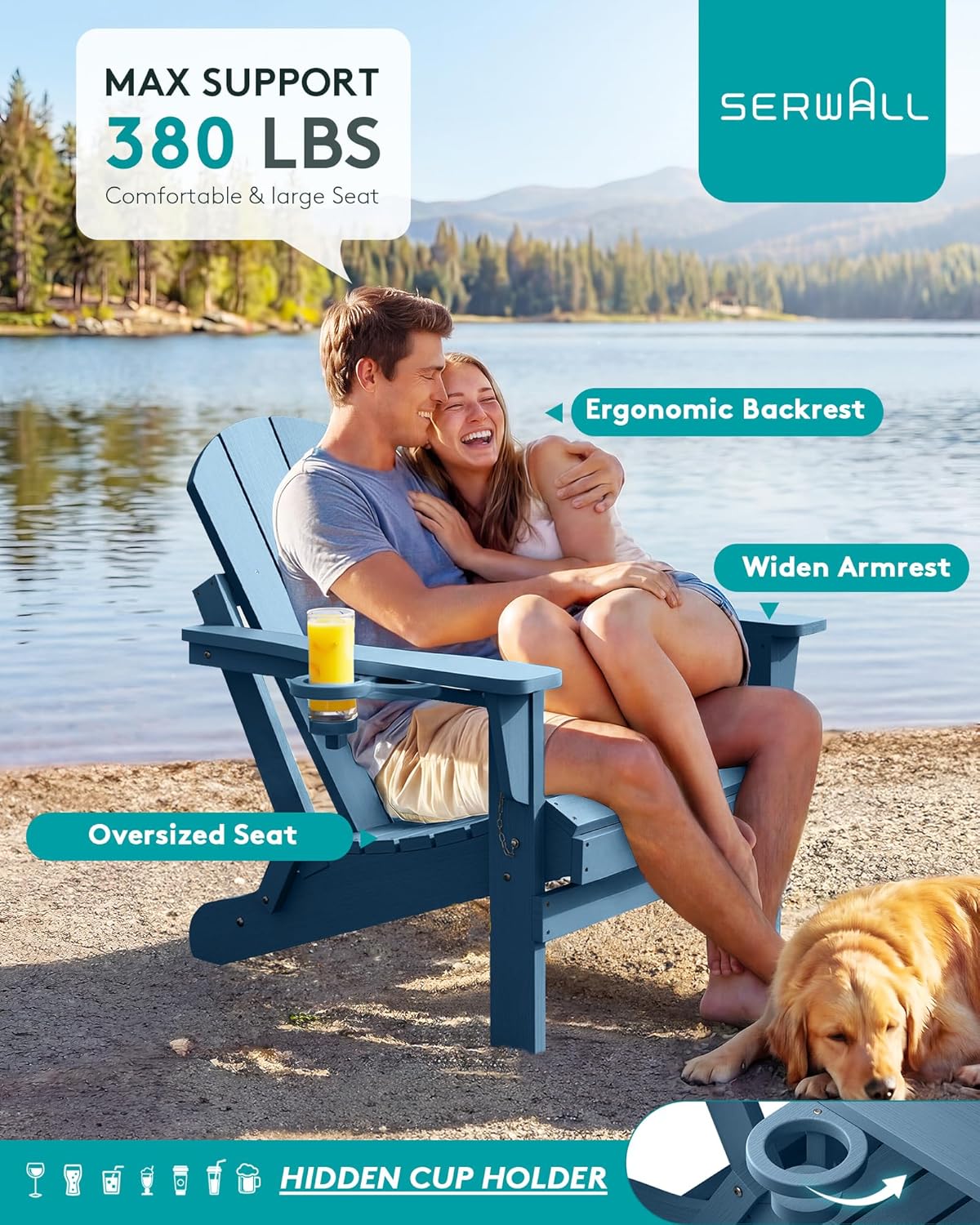 SERWALL Folding Adirondack Chairs with Cup Holder, Outdoor Fire Pit - Blue